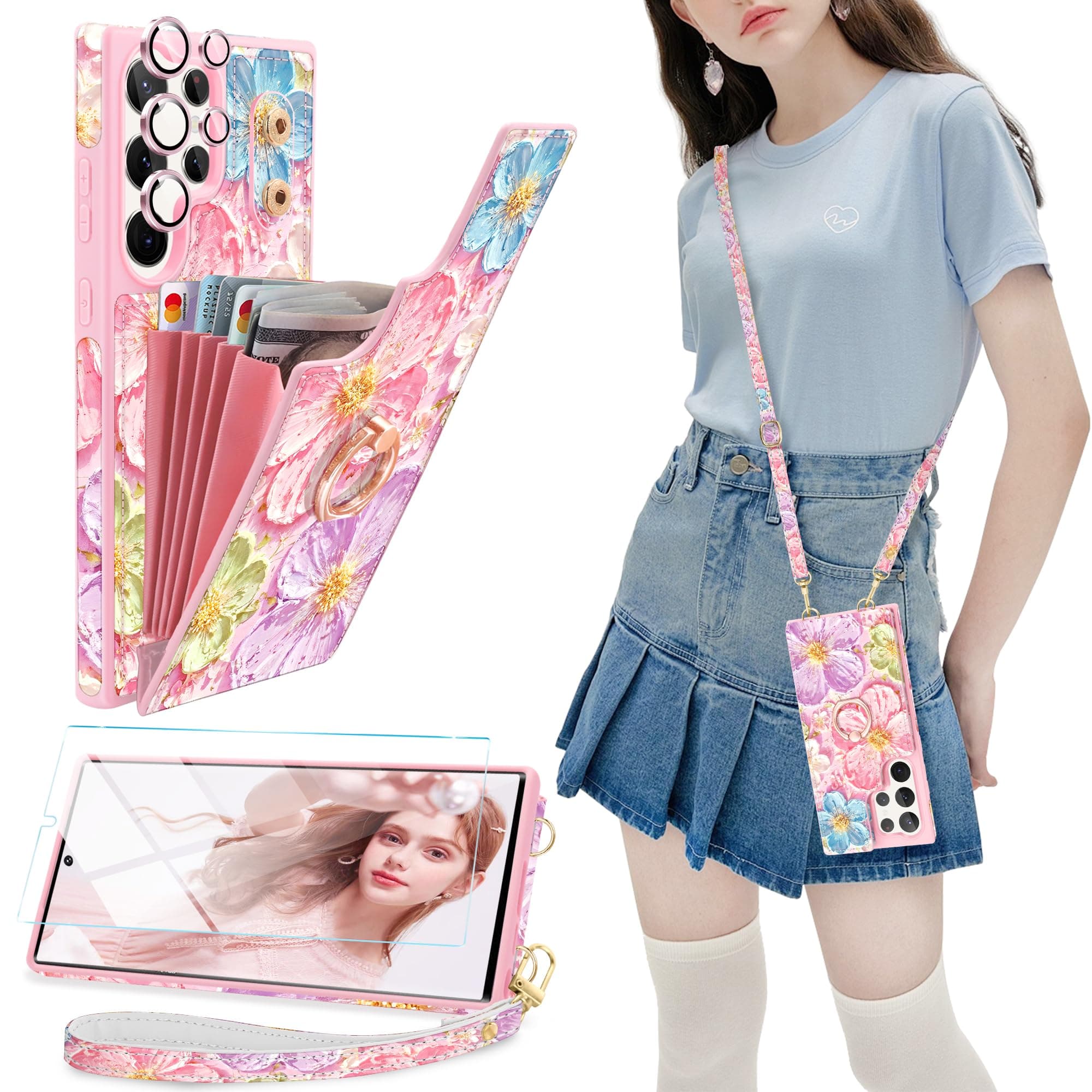Casewind for Samsung Galaxy S24 Ultra Case Wallet with Card Holder&Crossbody Strap,3D Oil Painting Flower Case with [Screen Protector+Camera Lens Protector] Ring Stand&Strap Wrist Flip Cover,Rose Gold