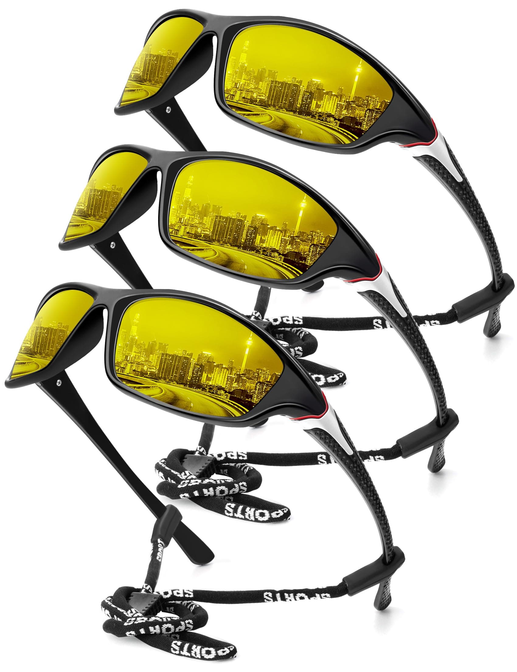 KALIYADI Sports Polarized Sunglasses Men UV400 Protection for Fishing Driving Cycling, Yellow/Yellow/Yellow, 3 Pack