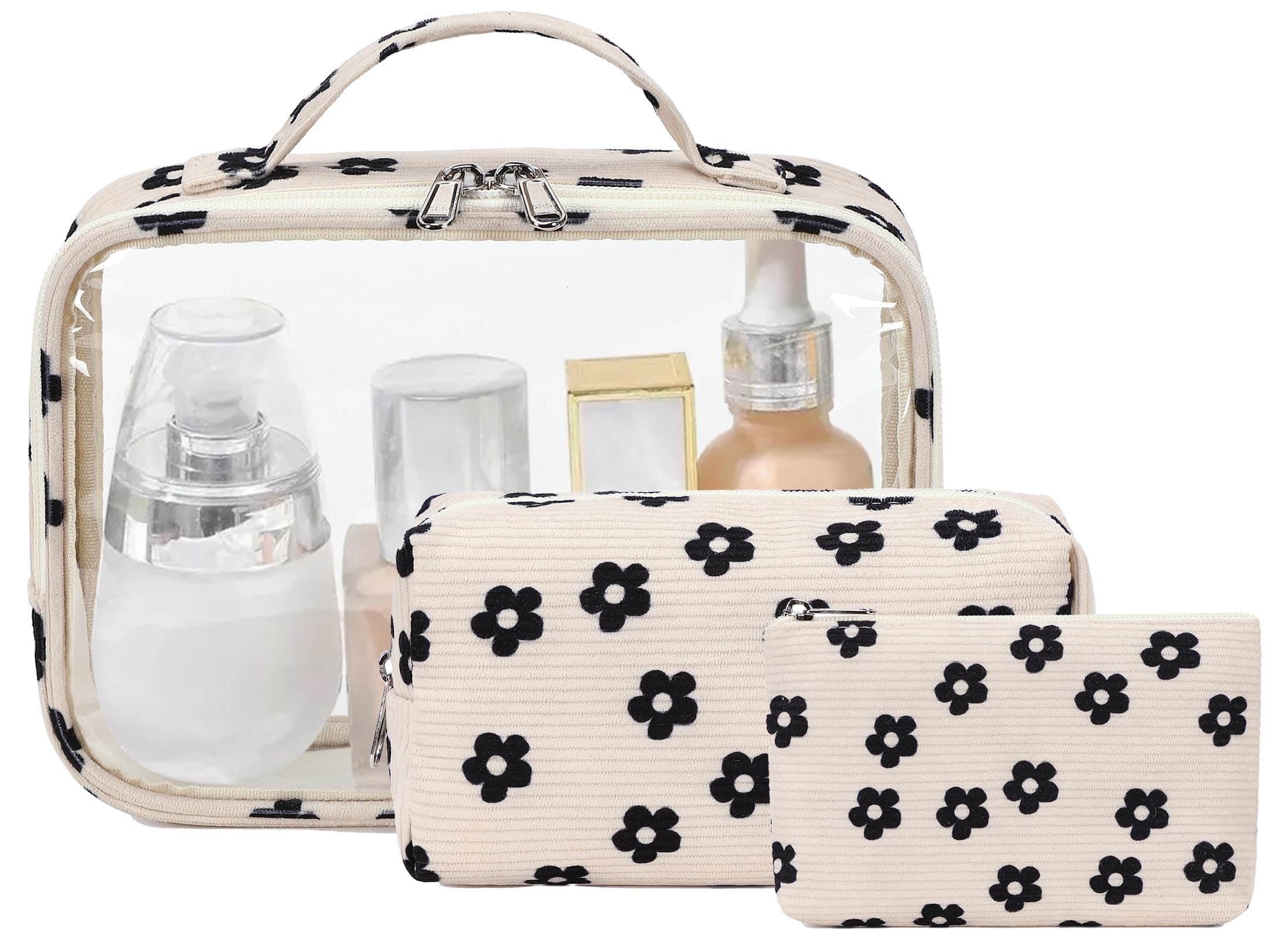 Bluboon 3Pcs Makeup Toiletry Bag for Women, Clear Packing Cubes Cosmetic Bag for Travel Women With Zipper Travel Essentials, Corduroy Floral 95, Clear Makeup Bag