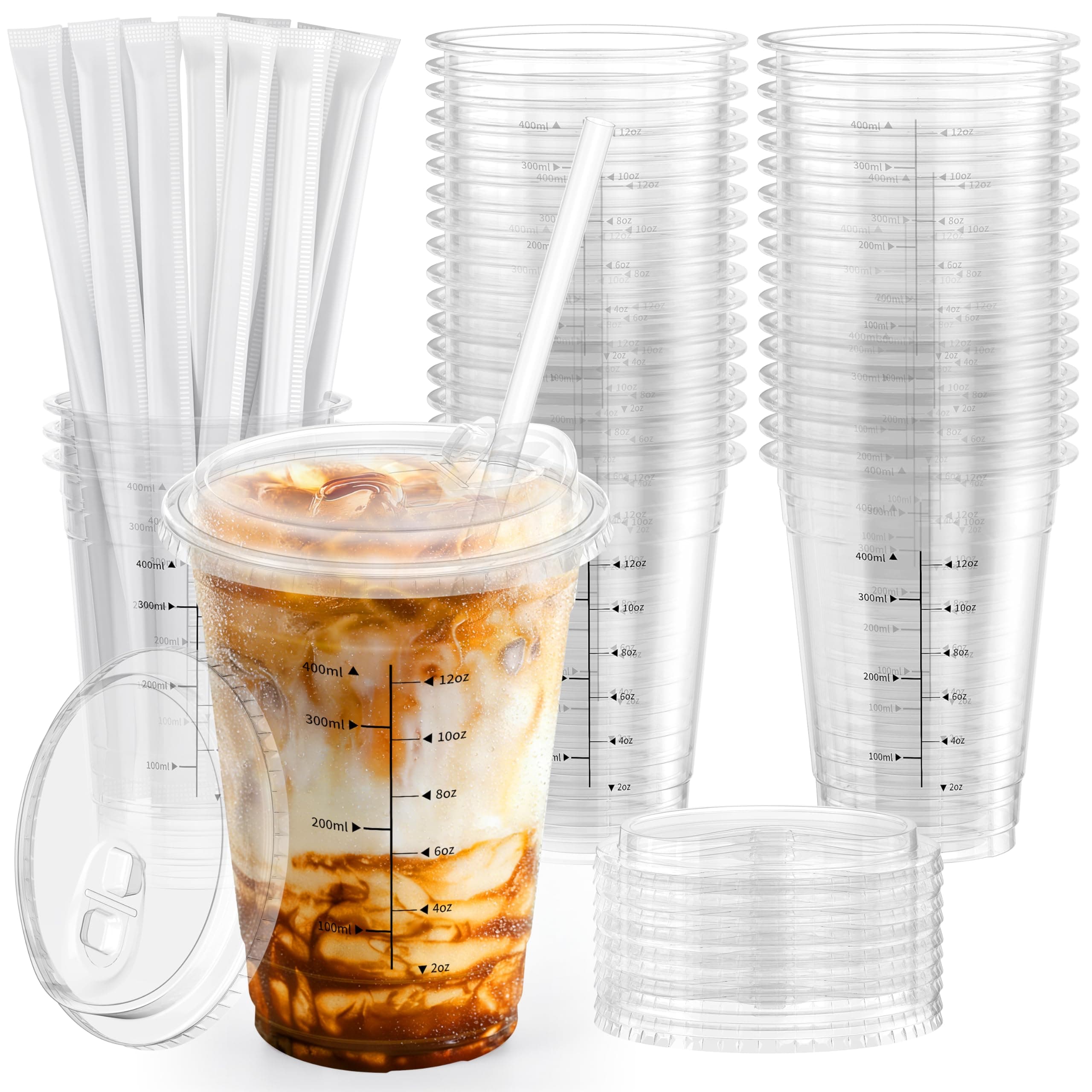 100 Pack - 16 oz Ratio Lines Iced Coffee Cups with Lids & Straws – No Guessing for Consistent Drinks, Disposable Clear Plastic Cups with Lids and Straws for Coffee, Smoothies, Juice, Parties Food Safe