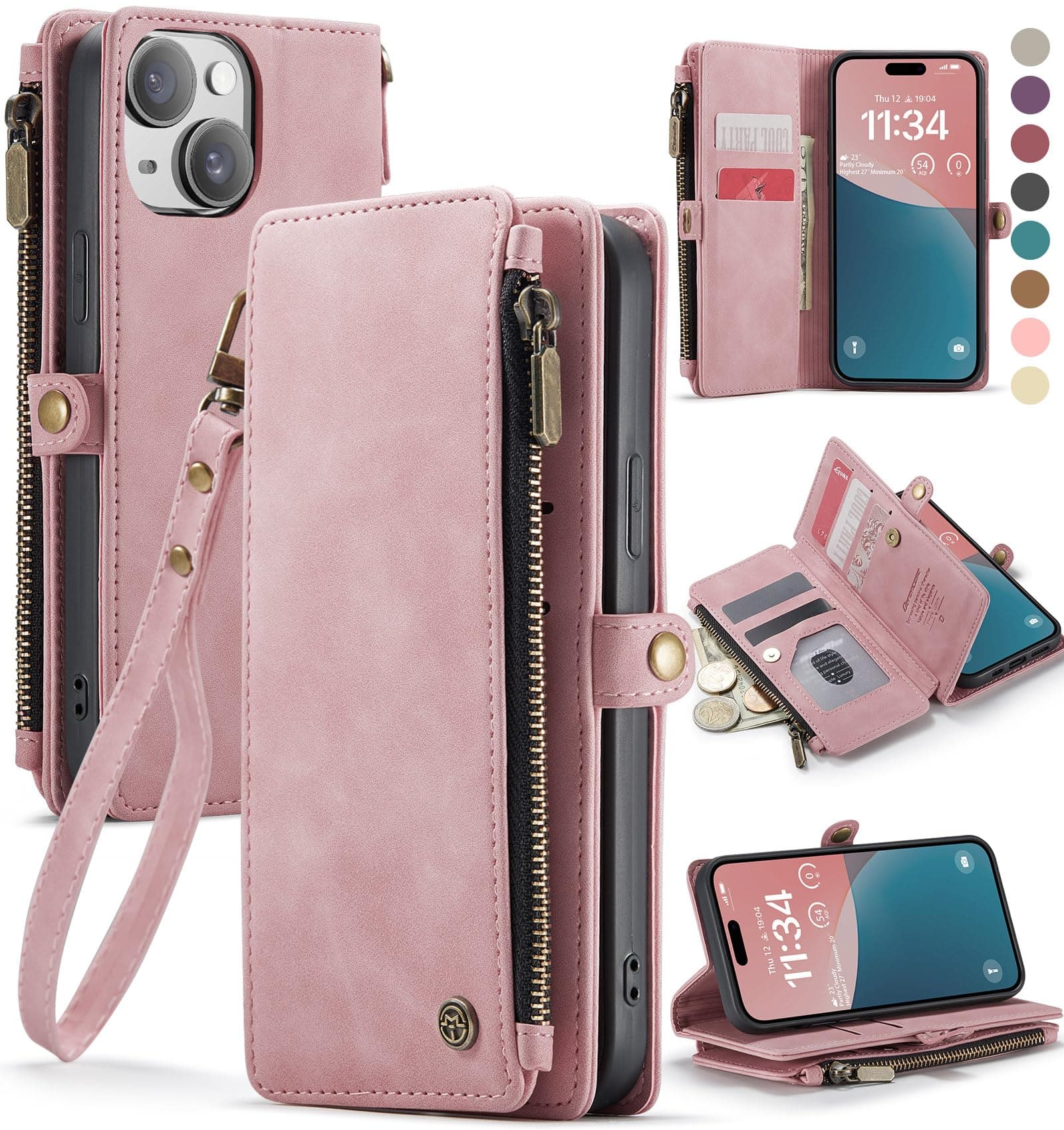 Defencase for iPhone 14 Case, RFID Blocking Wallet Case for iPhone 14, Durable PU Leather Magnetic Flip Strap Zipper Card Holder Phone Case for iPhone 14 [6.1-inches], Rose Pink