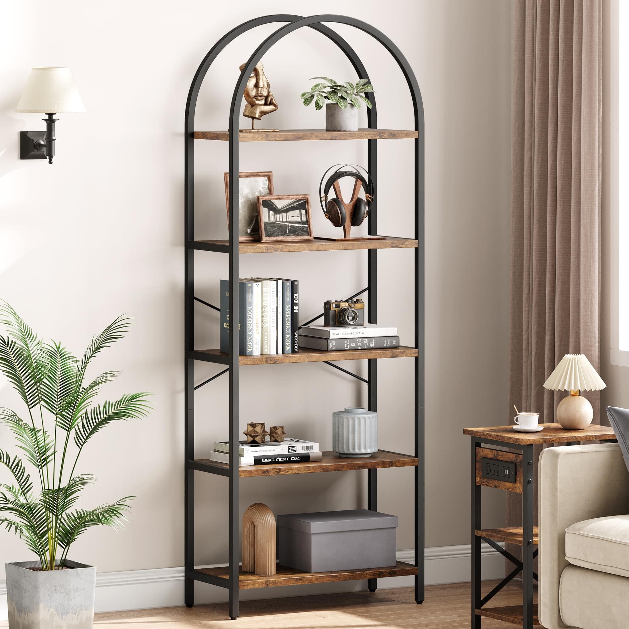 SLEKVERSA Arched Bookshelf 5 Tier Bookcase Display Racks Tall Bookshelves Modern Storage Rack Shelf Large Wood Book Shelf for Bedroom, Living Room, Home Office (Brown)