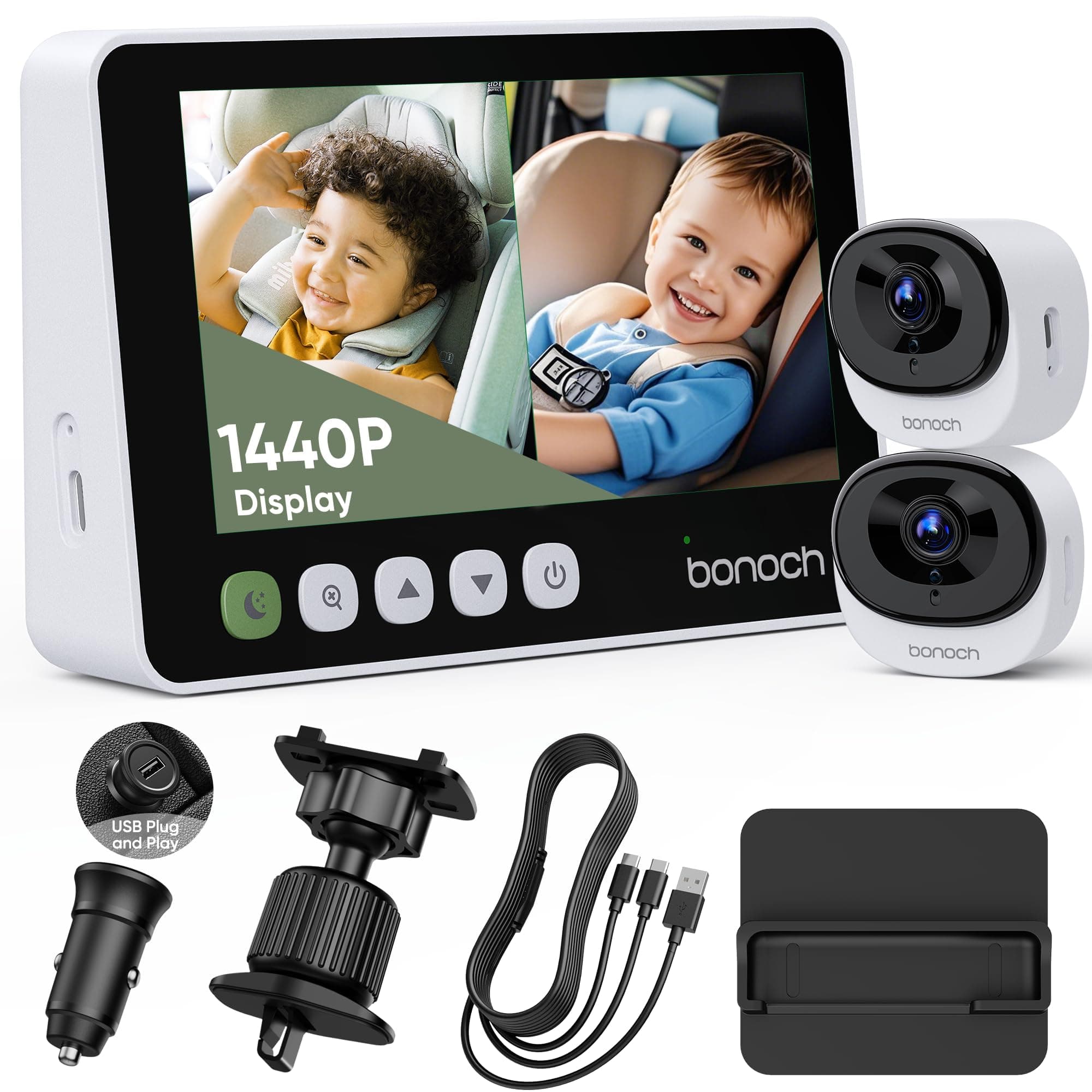 bonoch 5" 1440P Baby Car Camera for 2 Kids - Split Screen Dual Cameras