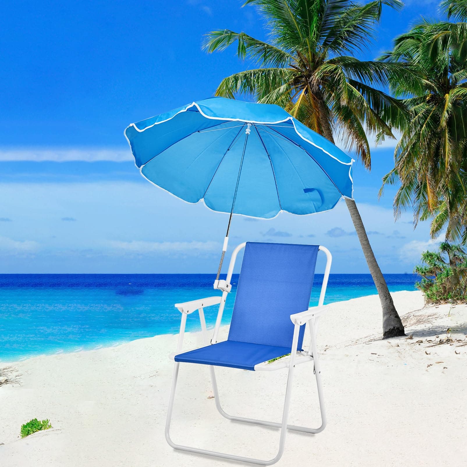 Beach Chair with Umbrella for Adults, Lightweight Folding Camping Chair with Armrests, Compact Lawn Chairs for Outdoor, Camp, Hiking, Concert, Supports Up to 265 lbs, Silla de Playa (Blue 1 Pcs)