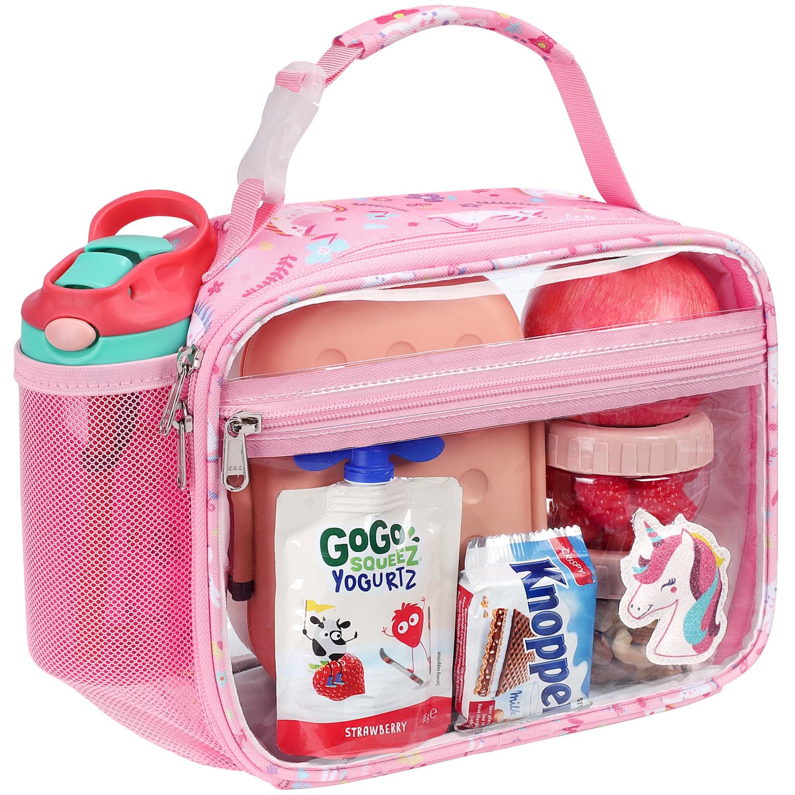 Bagseri Clear Kids Lunch Bags - Reusable Lunch Box With Water Bottle Holder, Transparent Bag for School, Girls, Stadium Approved - Pink Unicorn