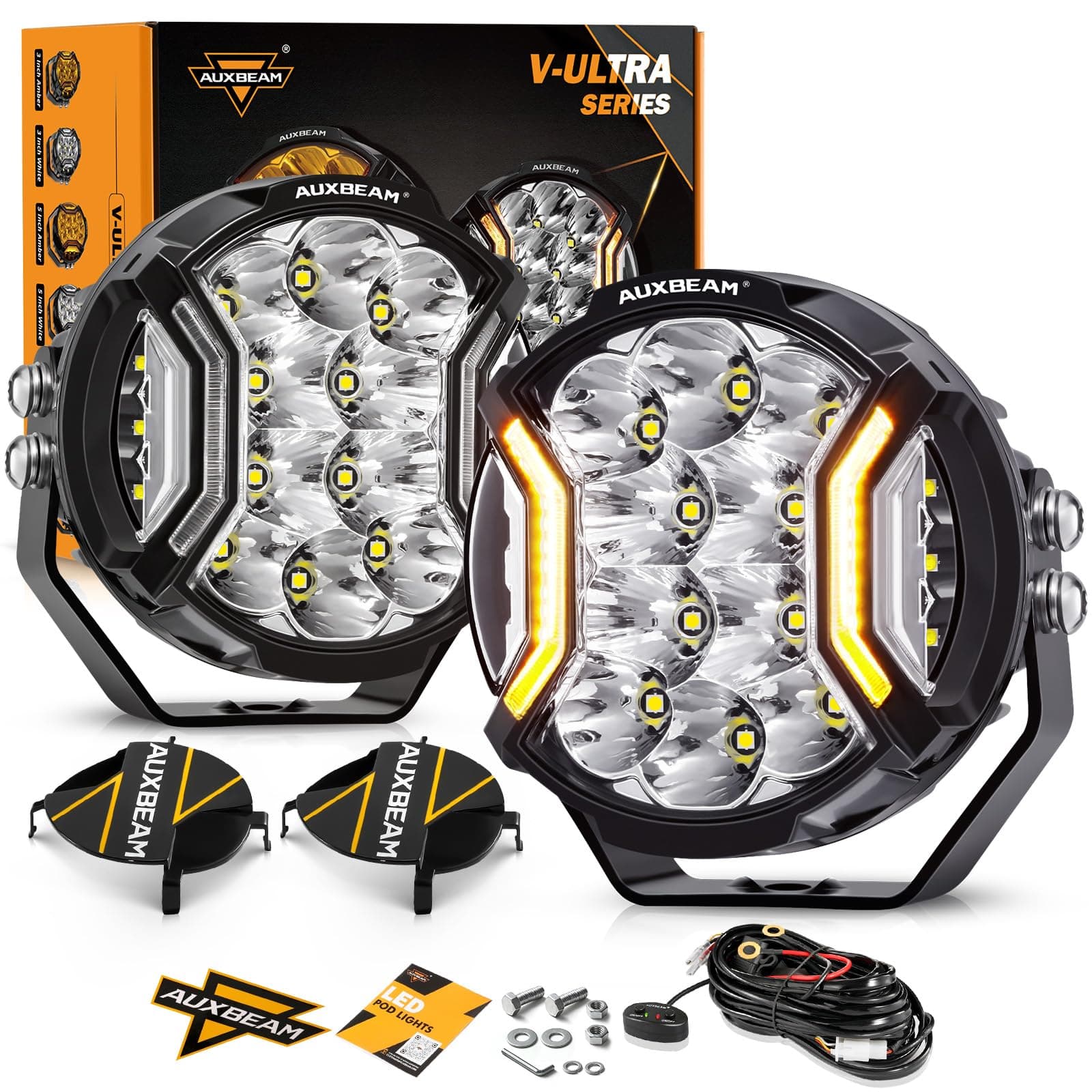 Auxbeam 5In V-Ultra Series 172W LED Light Pods, Offroad Round Driving Light with Amber DRL, 270° Wide Range Super Bright Side Shooter White Hyper Spot Beam Universal Lights with Black Cover-2 Piece