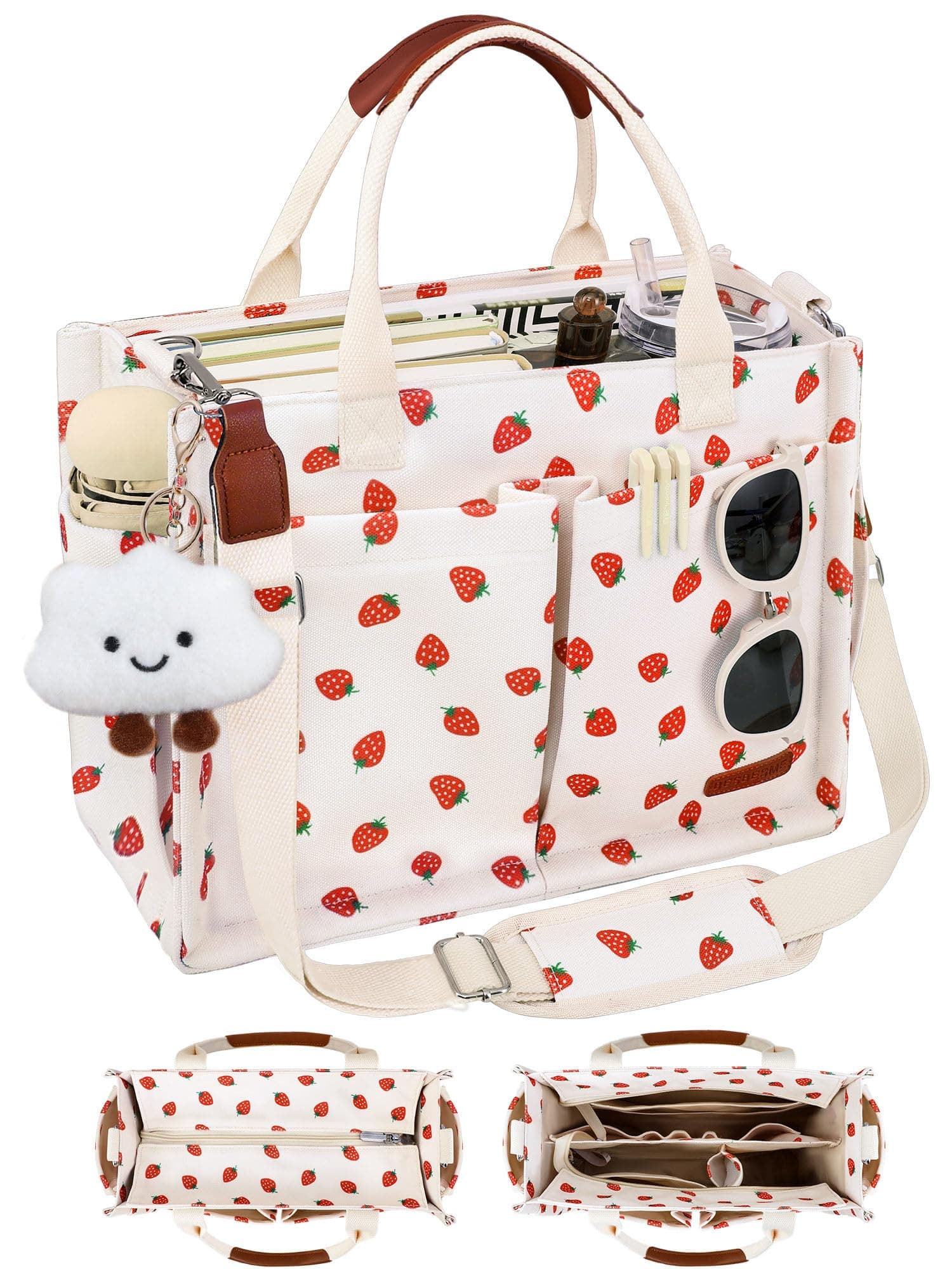BESBESME Canvas Tote Bag for Women with Zipper & Compartments– Large Work & College Laptop Tote Crossbody Shoulder Bag, Beige & Small Strawberry, X-Large
