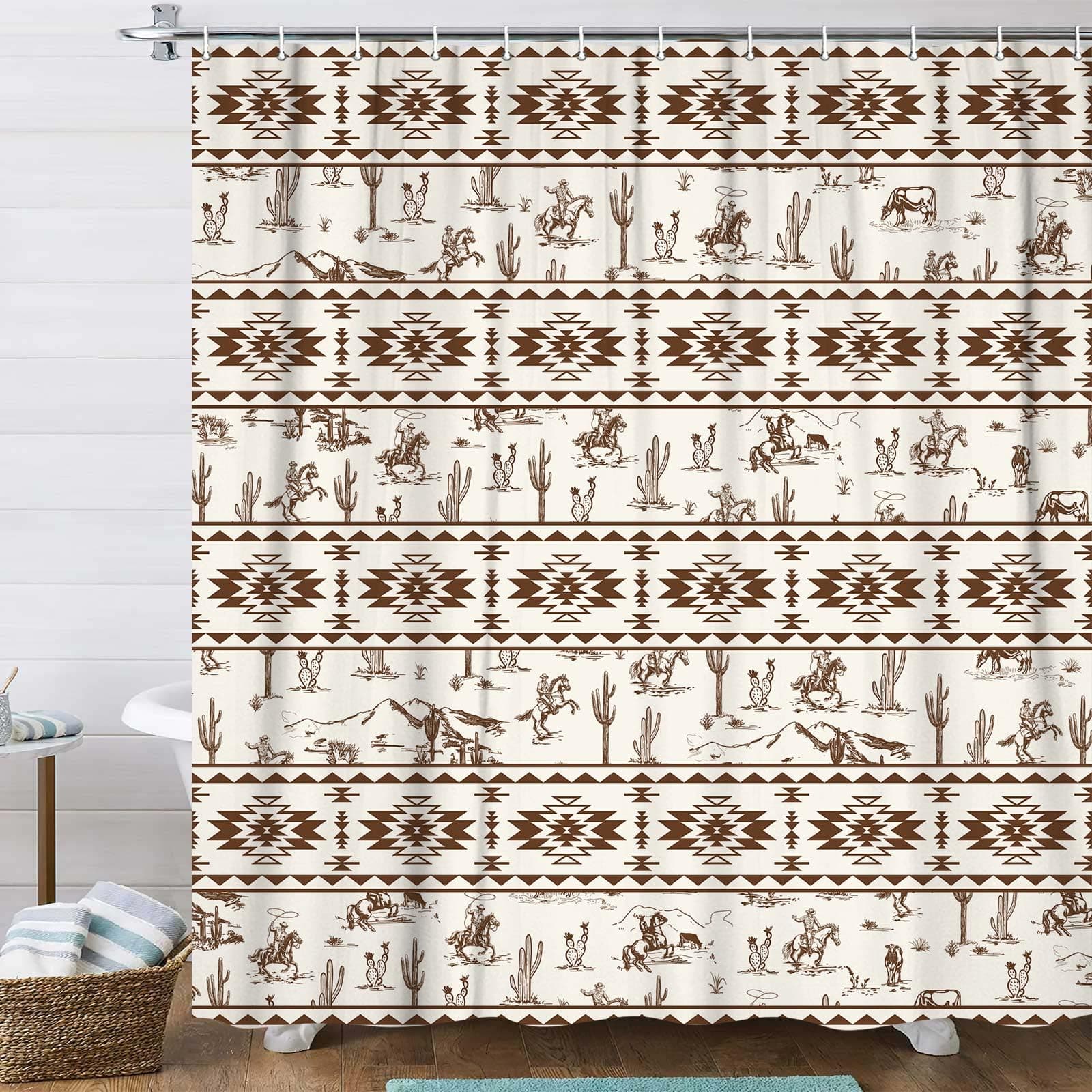 Western Cowboy Shower Curtain, Wild West Theme Cowboy Ride Horse Desert Cactus Southwestern Aztec Shower Curtain for Bathroom, Vintage American Fabric Bath Curatain Set with Hooks,72X78,Beige