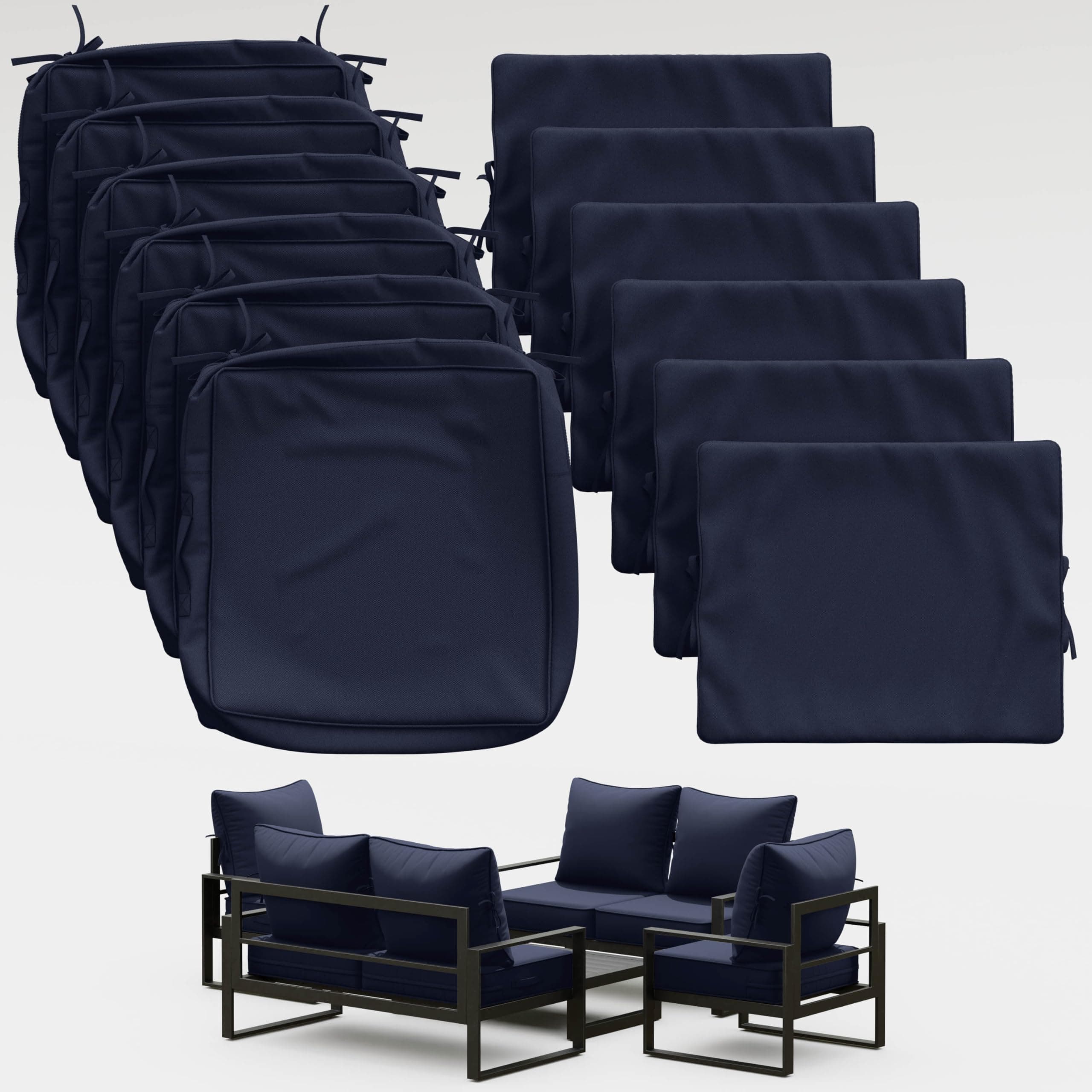 Tounosnt Thick Outdoor Back&Seat Cushion Covers 22×24×4in 12Pcs for Patio Furniture with Zipper Closure and Handle, Waterproof Replacement Slipcover for Garden Rattan Chair Sofa, Navy Blue