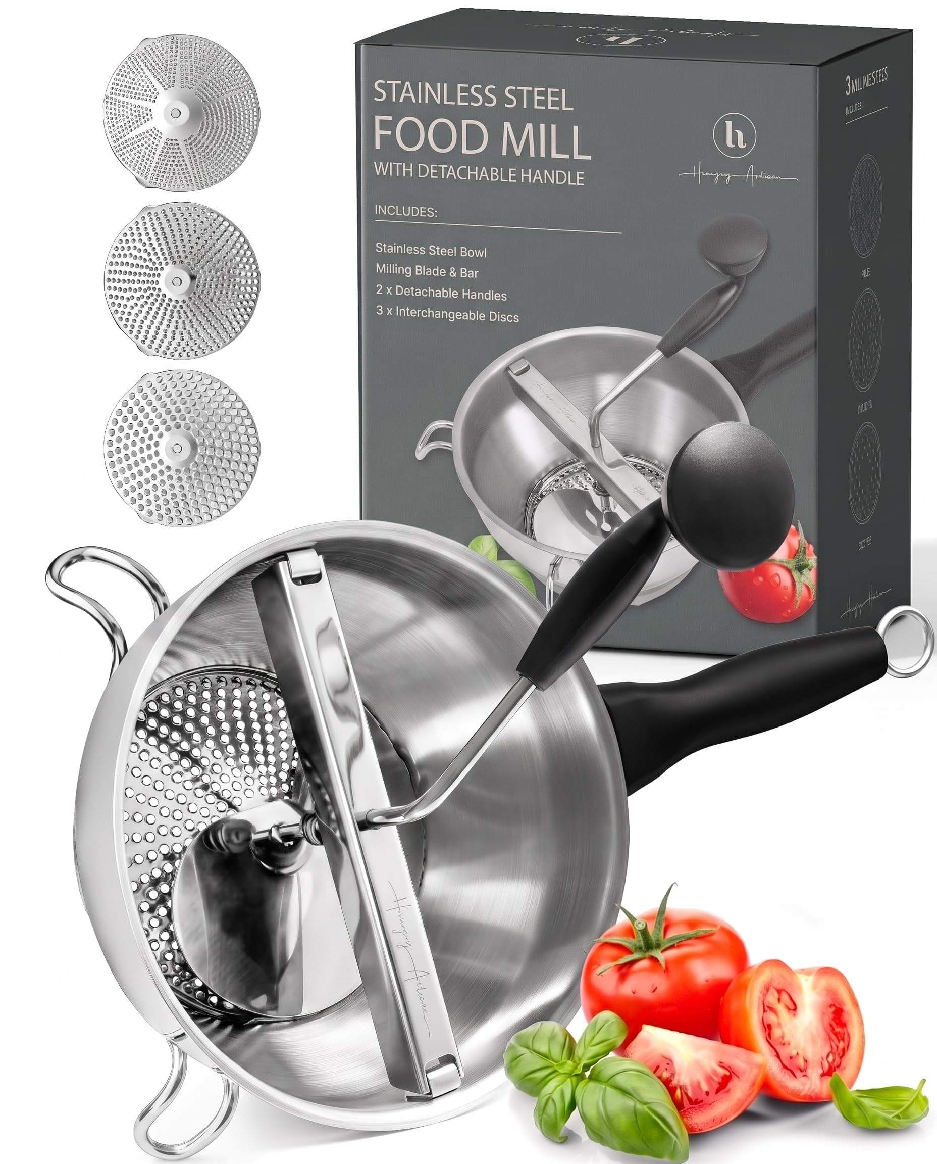 Compact Stainless Steel Food Mill with 3 Discs – Ergonomic Rotary Hand Crank with Removable Handles for Tomato Sauce, Applesauce, Baby Food, Mashed Potatoes & Puree