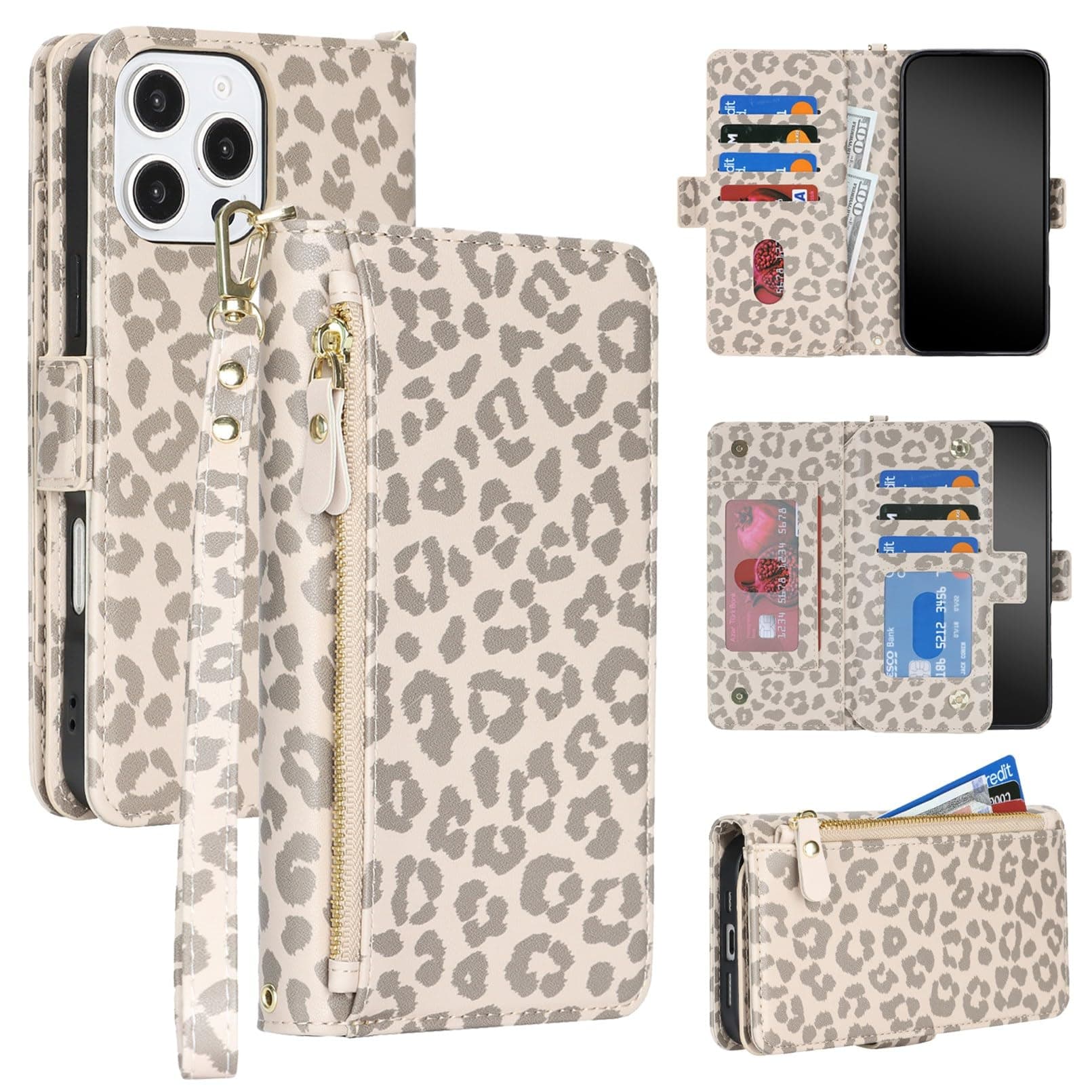 Case Wallet for iPhone 16 Pro Max with Wrist Strap,Beige Leopard