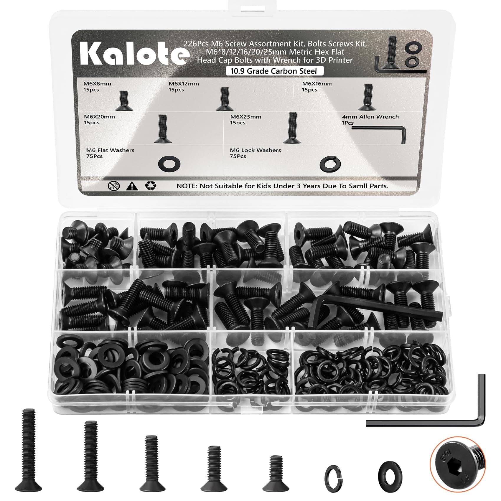 Kalote 226Pcs M6 Metric Flat Head Screws, 10.9 Alloy Steel Bolts Washers Kit