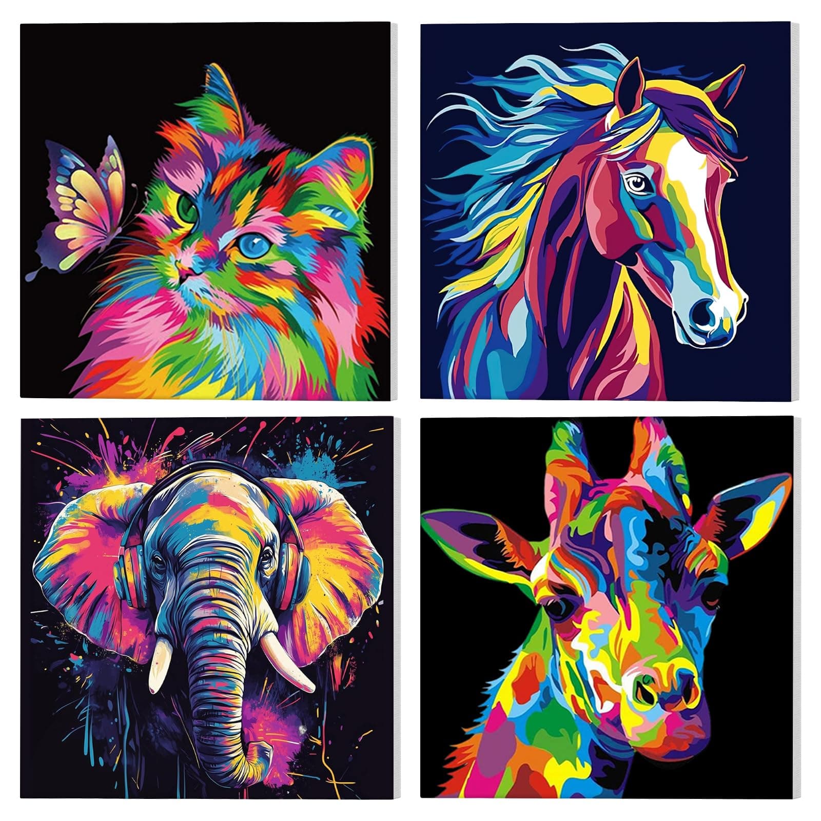 GHHKUD Framed 4 Pack Animals Paint by Numbers for Kids Ages 8-12, Cat Horse Painting by Numbers for Adults Kids, Peinture a Numero Adultes Elephant Giraffe for Gifts Home Decor 20x20cm