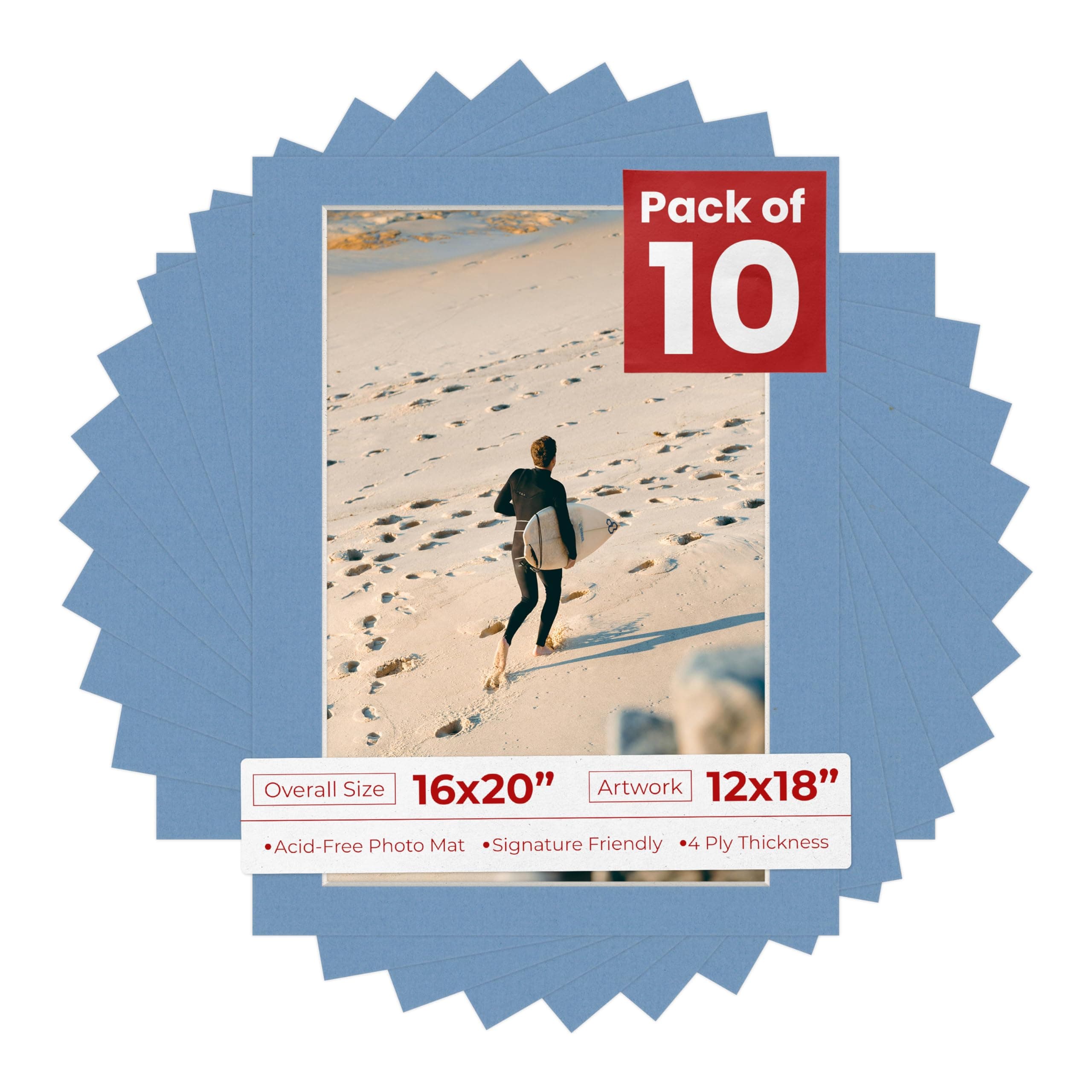 Pack of TEN 16x20 Mats Bevel Cut for 12x18 Photos - Acid Free Brittany Blue Precut Matboards For Pictures, Photos, Framing - 4-ply Thickness