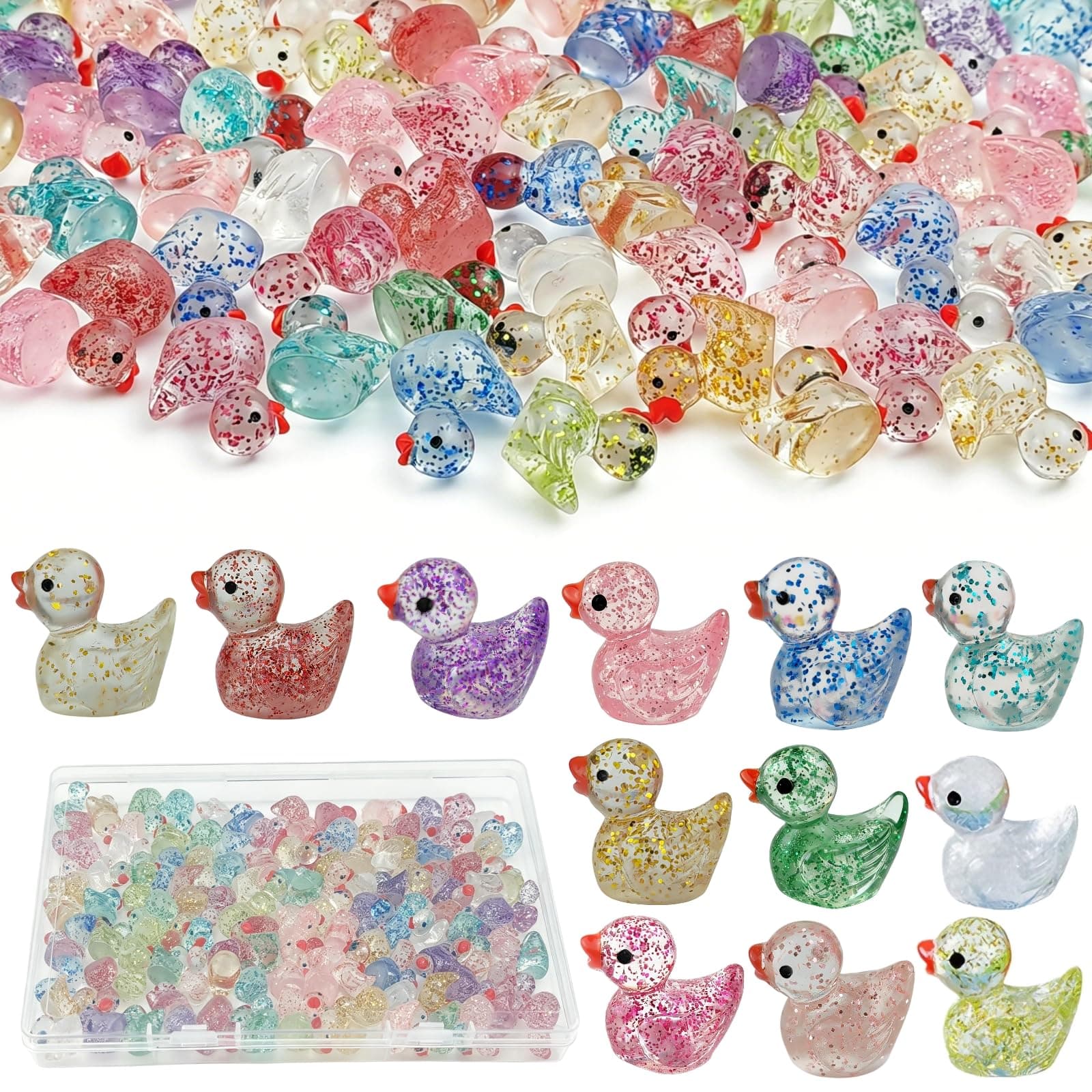 Frehapkids 120PCS Mini Glitter Resin Ducks 12 Colors,