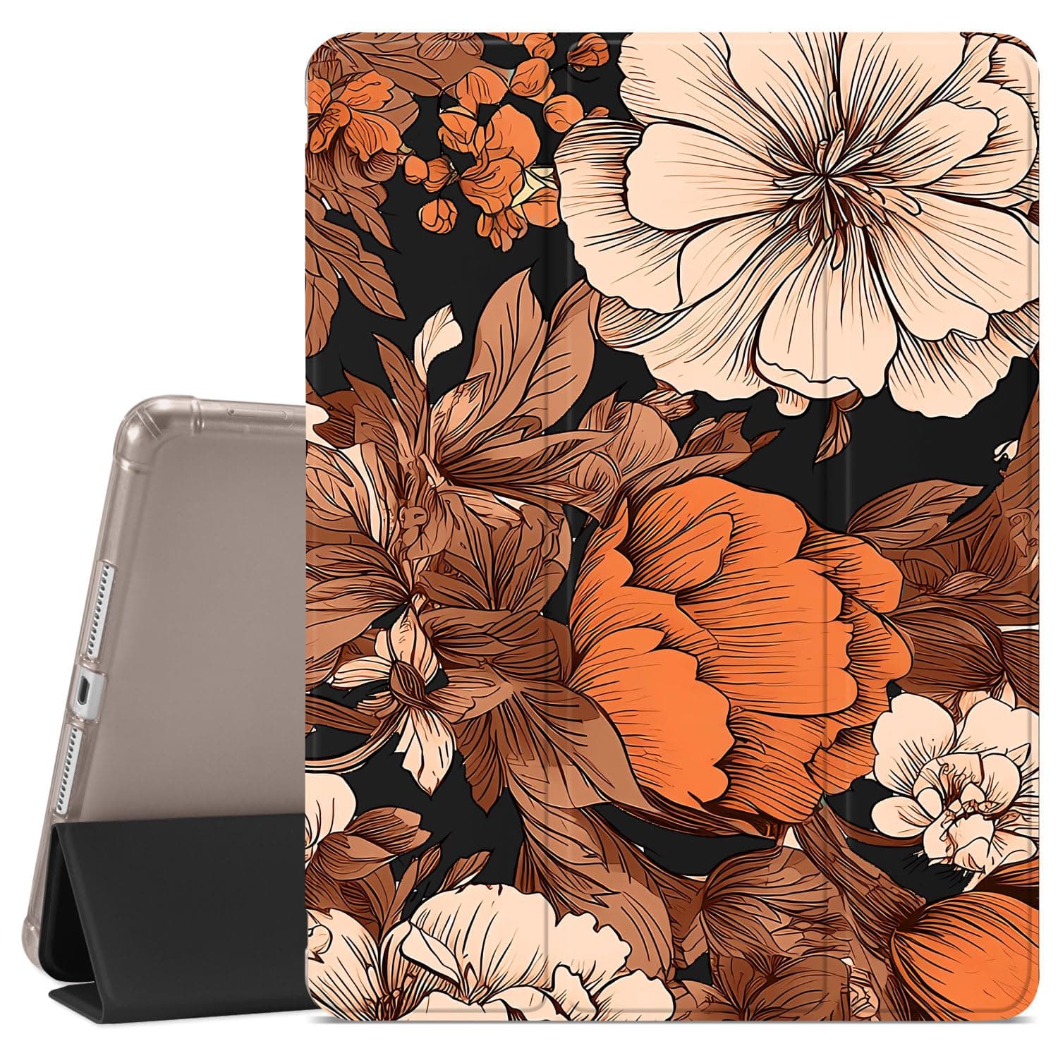 JOYLAND Elegant Flower Printed Case Compatible with iPad mini 4/ Mini 5,Pencil Holder & Clear Transparent Soft TPU Back & Trifold Smart Pad Black Case Scratchproof Case