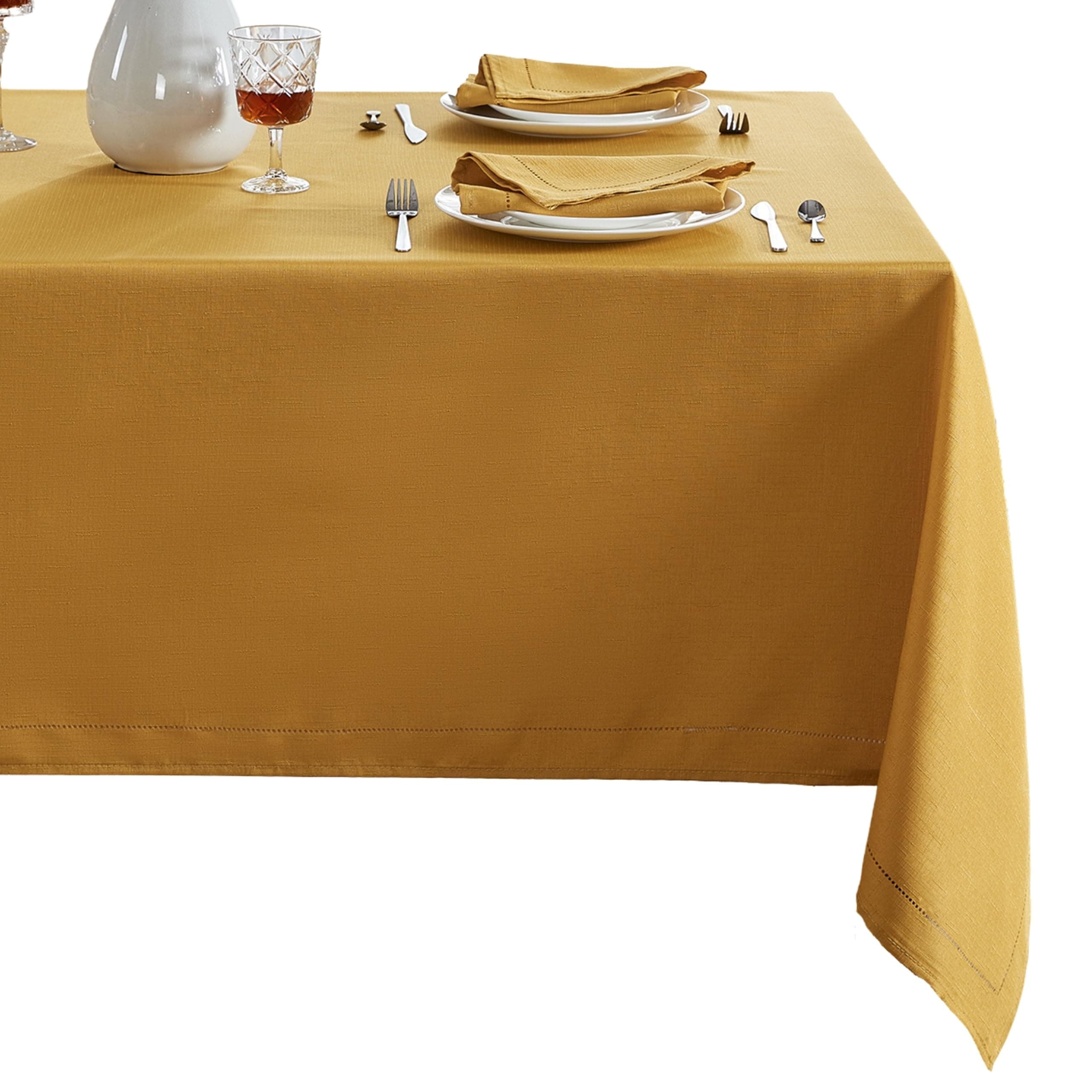 Threadmade Home Alison Eyelet Punched Border Fabric Tablecloth, Golden Yellow - 52" W x 52" L Square