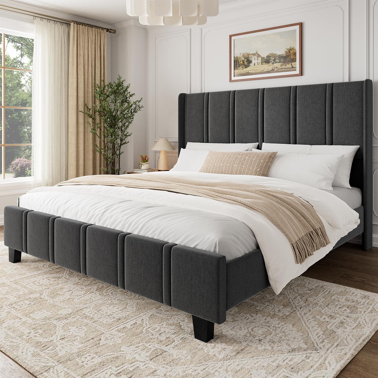 ROLETALENT Upholstered King Bed Frame with 50.8" Tall Headboard Dark Grey