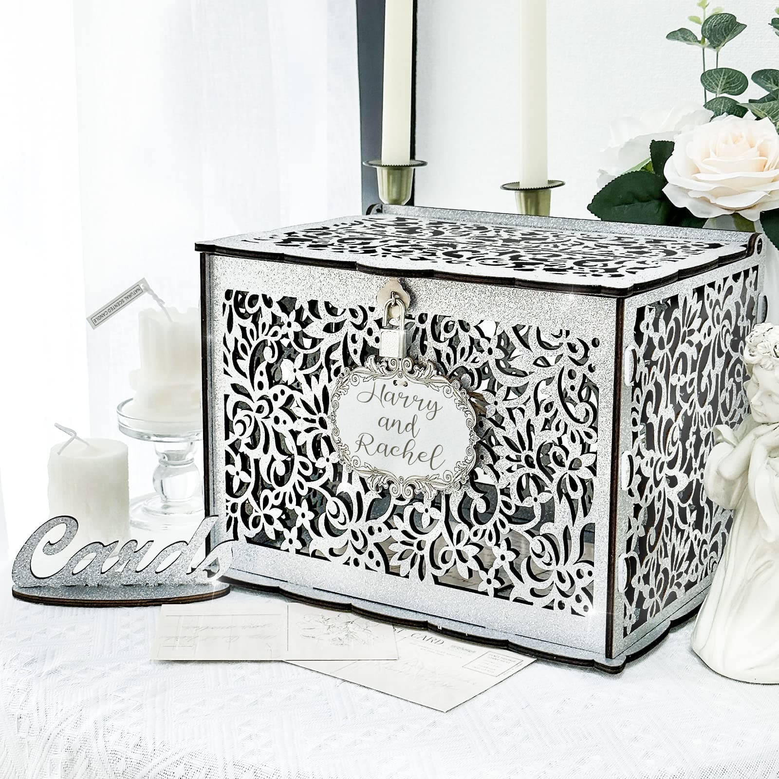 OurWarm Silver Wedding Card Box with Lock, Wooden Gift Card Box for wedding decorations for reception, wedding card boxes for reception Bridal Shower Decorations Party Reception Anniversary