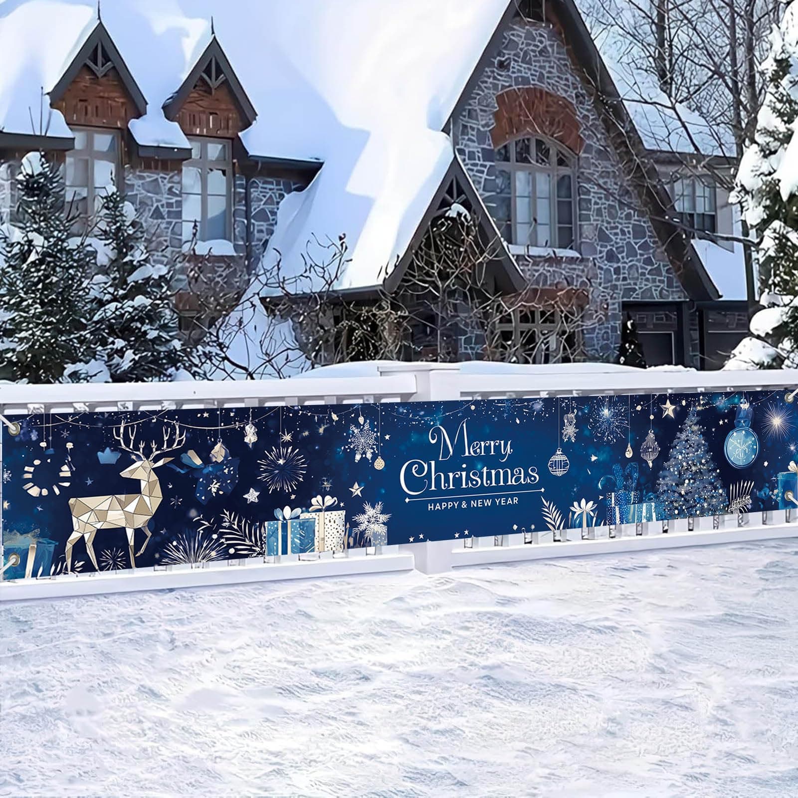 HOMETITUTE Merry Christmas Banner 118x20 inch Blue Gold Reindeer Tree Gift Fireworks Ornament Design christmas hanging banner Large Outdoor Fence Porch Wall Decoration christmas party backdrop