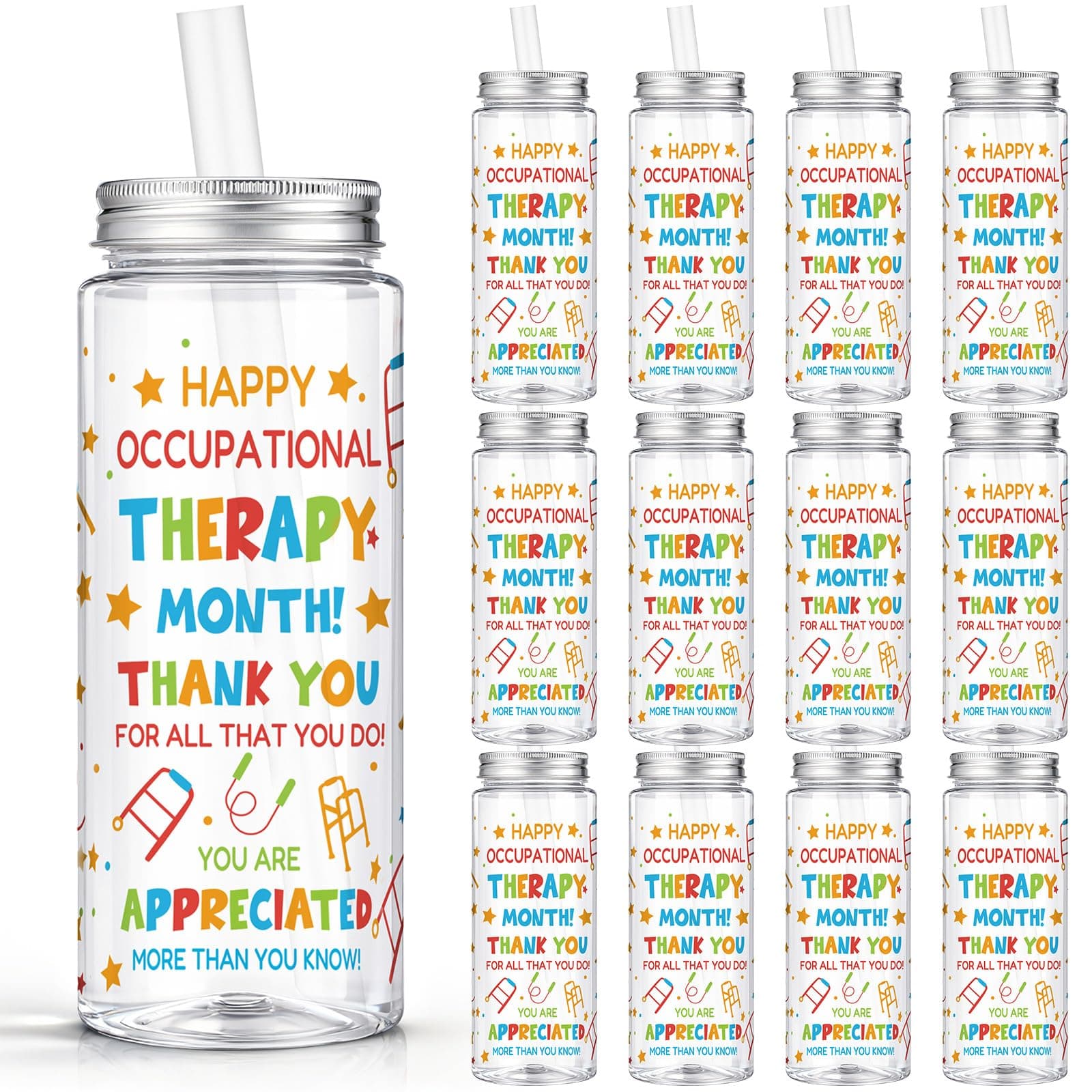 Vesici 24 Pcs Gift 14.2oz Occupational Therapy Month Gifts Tumbler with Lid and Straw Plastic Reusable Tumbler Bulk Inspirational Gifts Cold Drinking Cup for Women Men Coworker Stuff