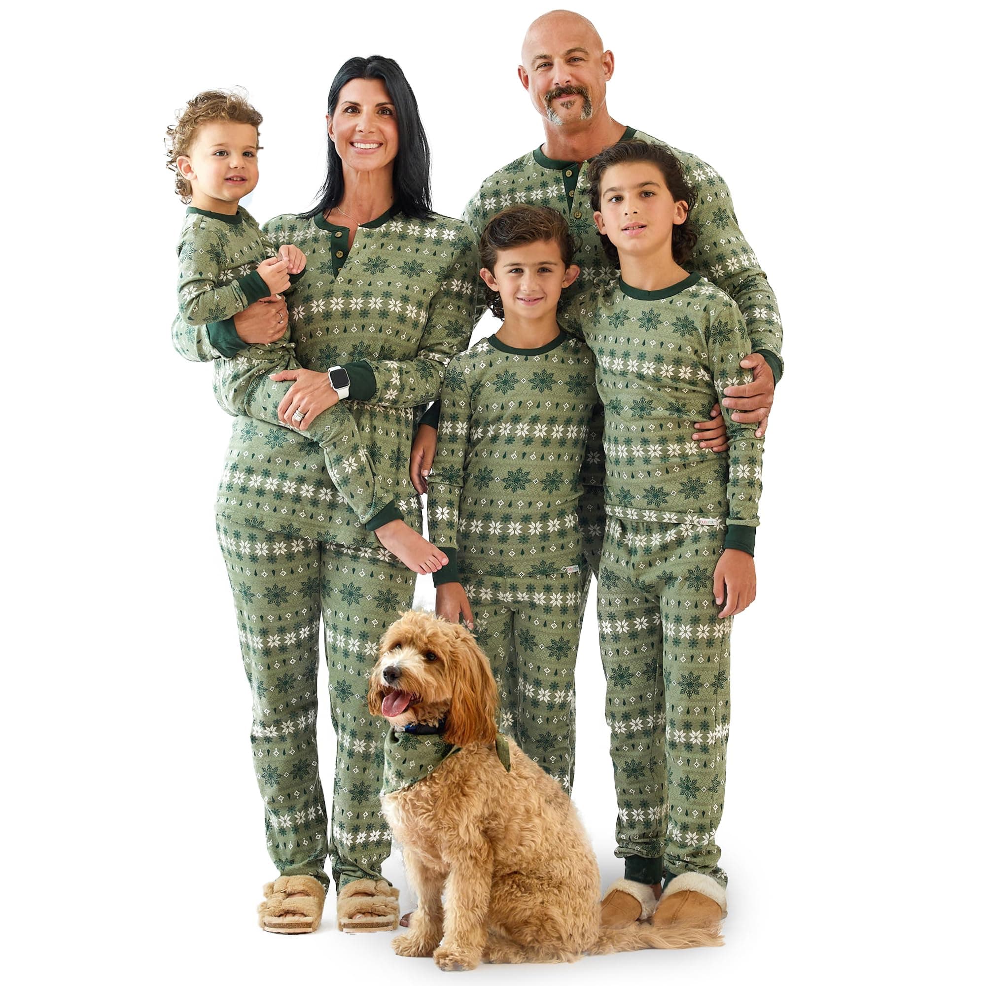 Butterblu JAMIE Matching Family Jammies Holiday Pajamas 100% Organic Cotton PJs Adults, Kids, Toddlers, Baby, Pets, Nordic Fair Isle Green, Medium-Large