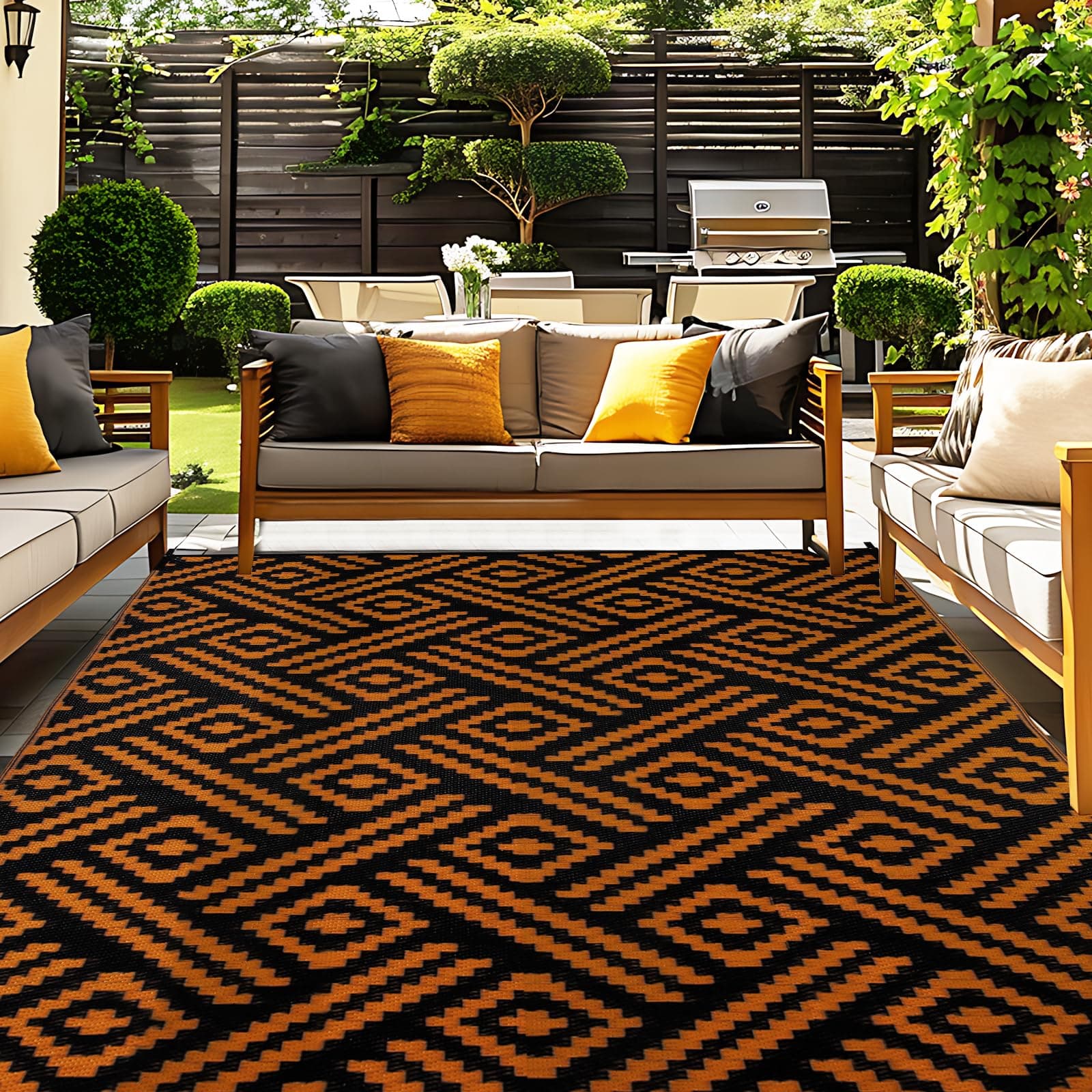 OPPODREAM Outdoor Rug 8x10 Patio Waterproof, Large Outdoor Plastic Straw Rug, Reversible Out Door Carpet for Camping, Deck, Rv, 8 x 10 Area Carpet Balcony, Porch, Backyard, Black and Orange