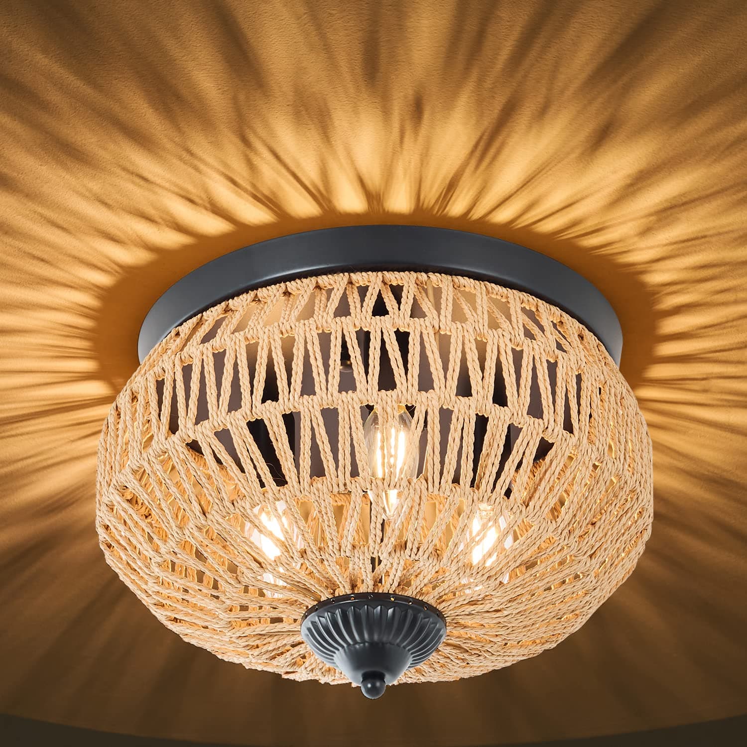 3-Lights Rattan Light Fixtures Ceiling Mount, Boho Farmhouse Woven Flush Mount Ceiling Light, Hand-Worked Cage Shade Rattan Ceiling Lights for Bedroom Kitchen Foyer Porch, Rustic Hallway Light Fixture