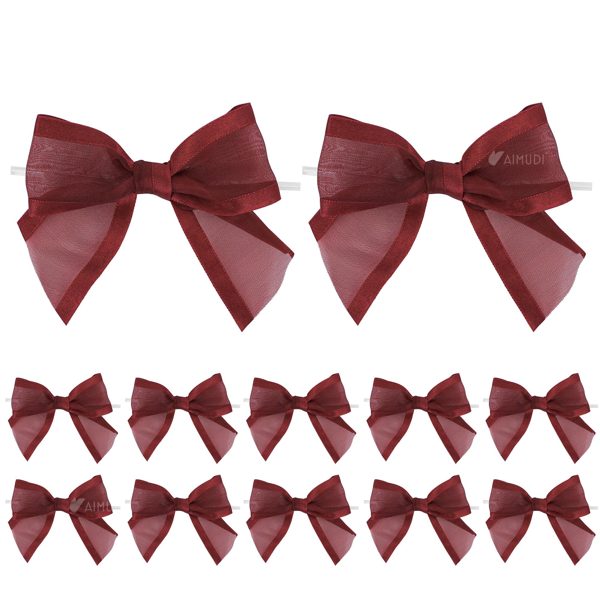 AIMUDI Burgundy Bows for Crafts 4" Organza Bows Premade Twist Ties Bows for Gift Wrapping Crafts Treat Bags Baskets Cake Pop Baby Shower Birthday Wedding Decor - 12 Counts