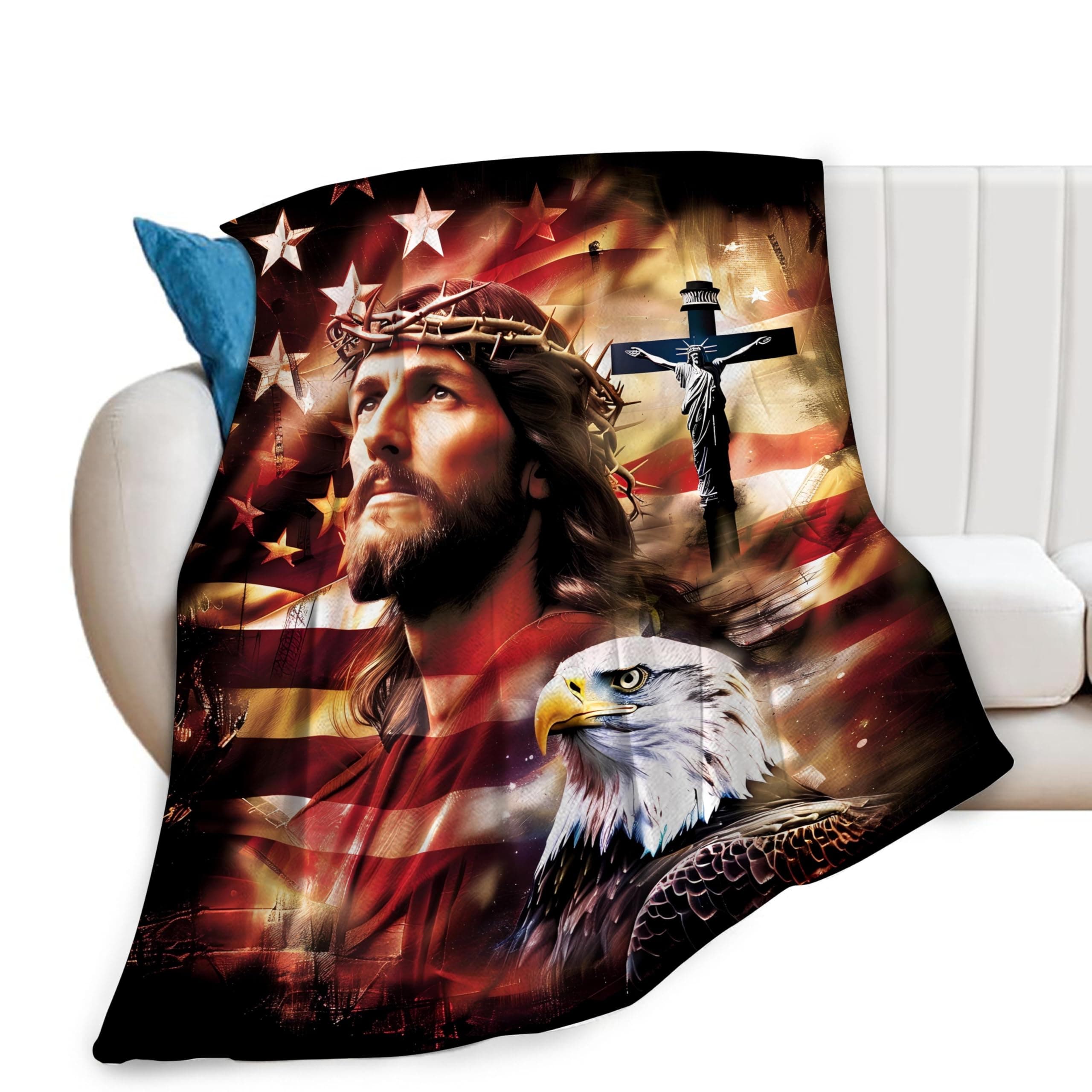 Christian Jesus Blanket American Flag Bald Eagle Decor Throw Blanket Religious Cross Gifts for Women Men Couch Bedding Super Warm Soft Plush Lightweight Fleece Flannel Blanket for Kids Adults 50"X40"