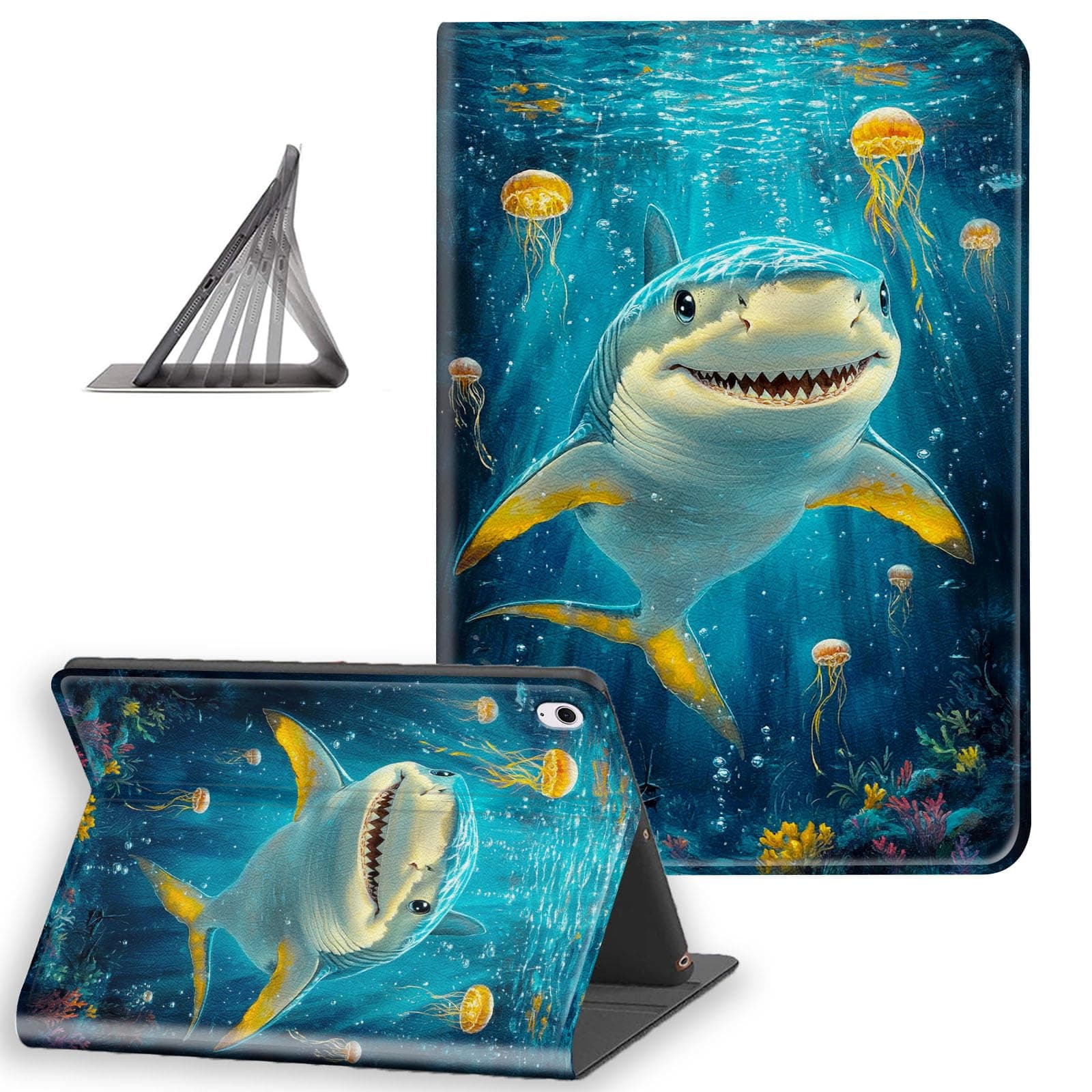 DISUOFEART for iPad Air 13 Inch Case 2025/2024 – Slim Leather Stand Cover with Auto Sleep/Wake & Multi-Angle Viewing, Smiling Shark with Jellyfish