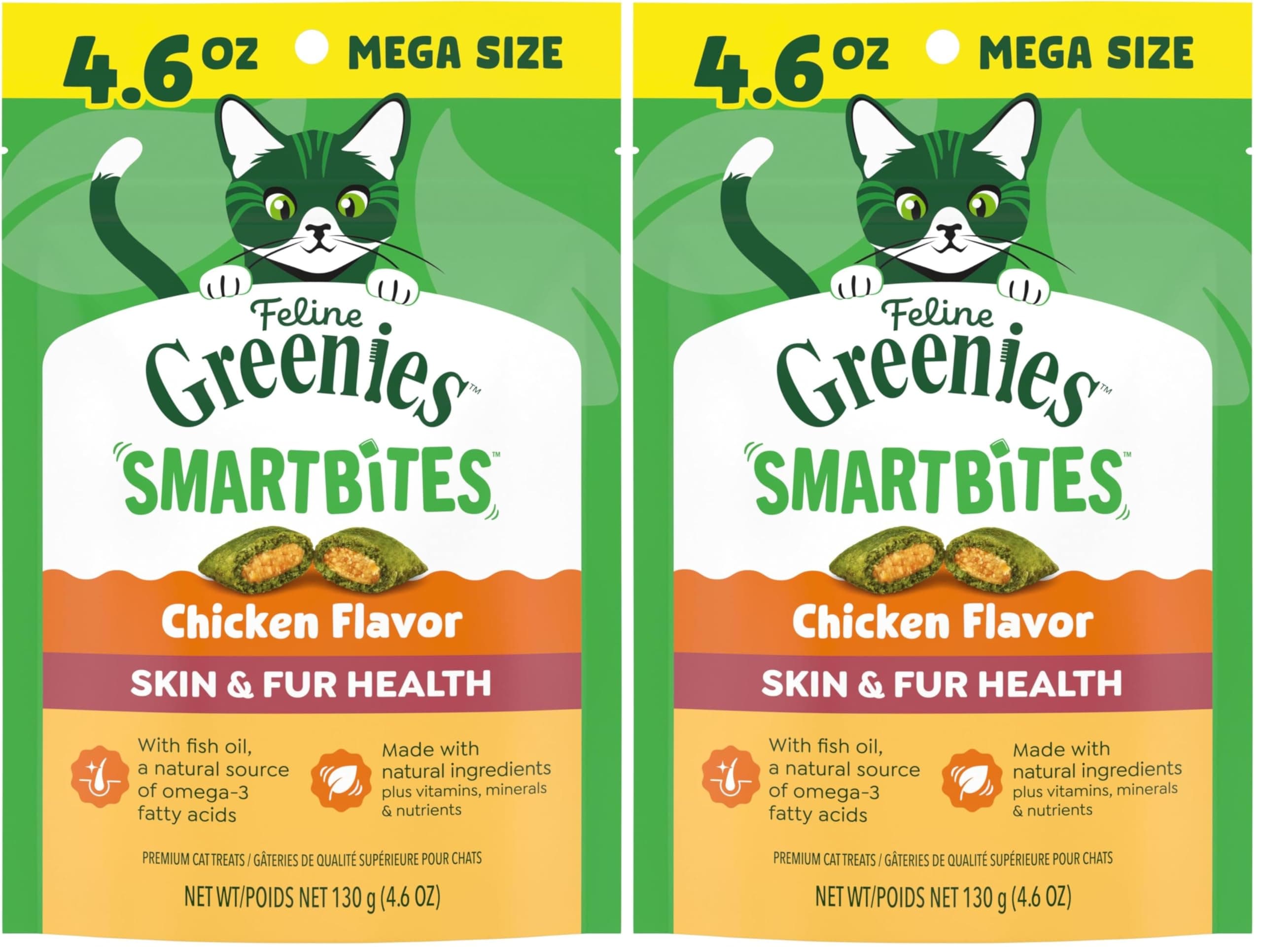 Greenies Feline Smartbites Skin & Fur Crunchy and Soft Natural Cat Treats, Chicken Flavor, 4.6 oz. Pack (Pack of 2)