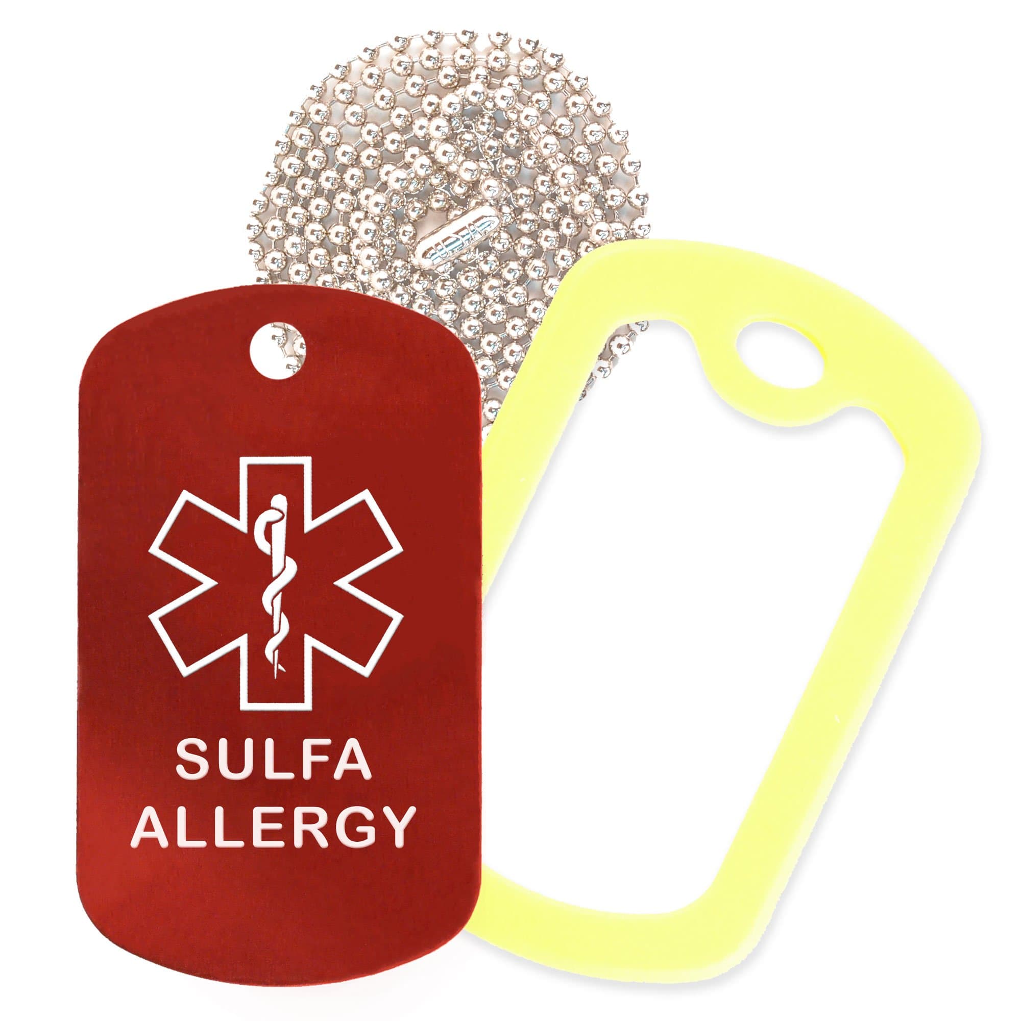 Sulfa Allergy Medical Alert ID Necklace with Red Tag, Yellow Silencer, and 30'' USA Chain - 154 Color Choices