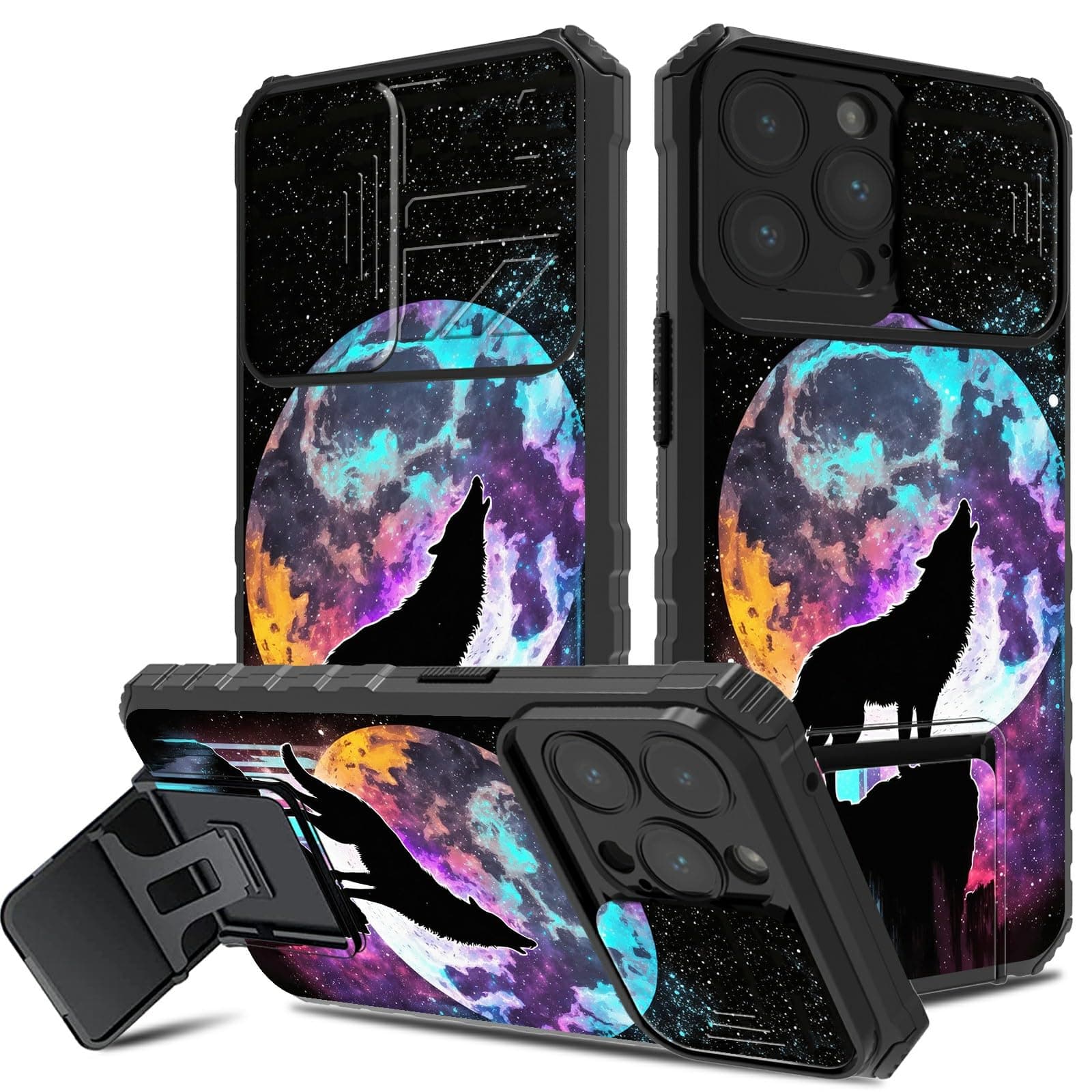 DIGTIALL Case for iPhone 15 Pro Max 6.7" with Camera Cover & Kickstand Dual Layer Hybrid Shockproof Protective Case for iPhone 15 Pro Max 6.7",Moon Wolf