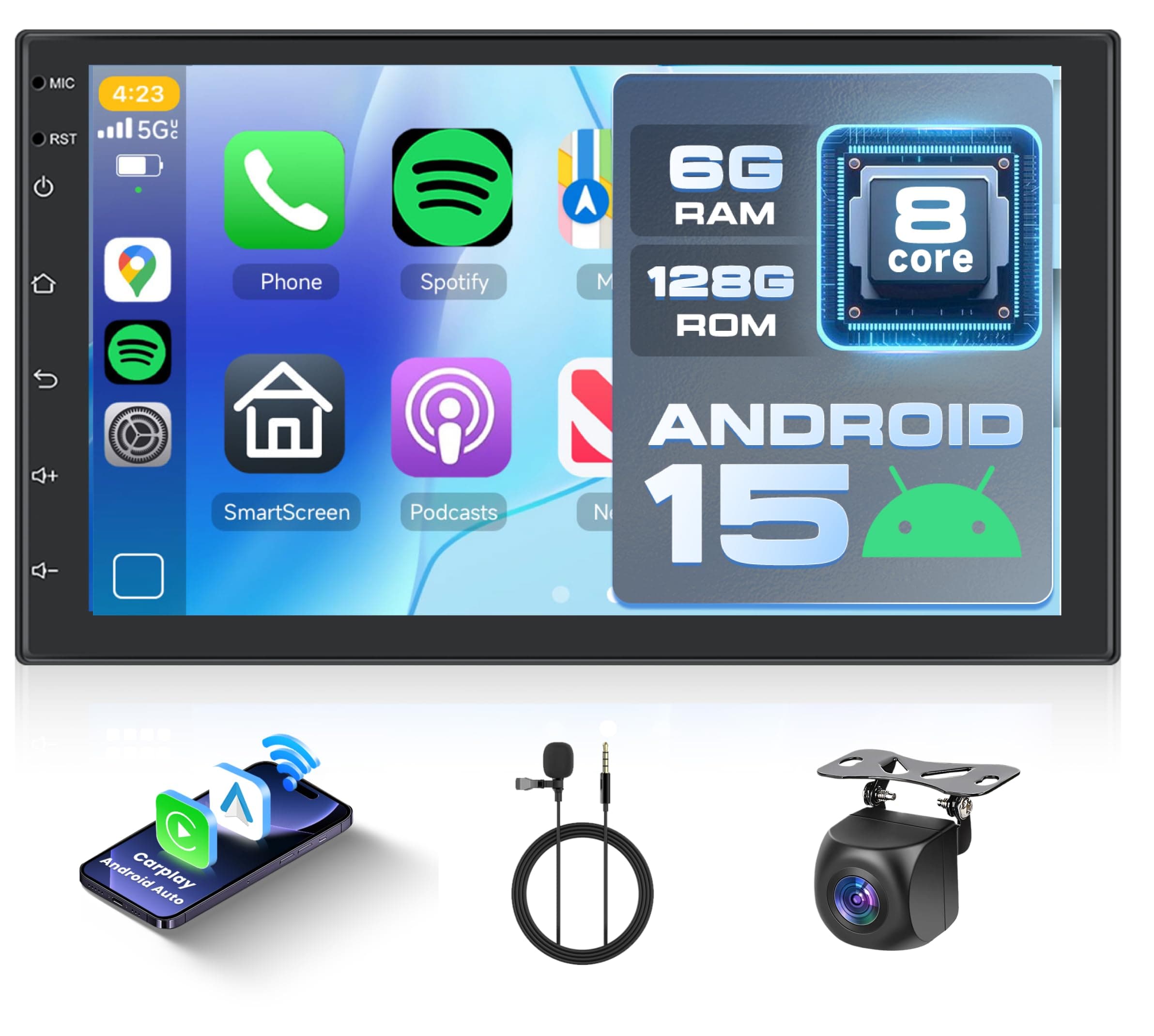 [6G+128G] 8-Core Android Car Radio 7 inch Wireless CarPlay Wireless Android Auto Double DIN Radio, Hodozzy Touch Screen Car Radio with Bluetooth,GPS,WiFi,DSP AM/RDS/FM Radio MirrorLink,with Camera