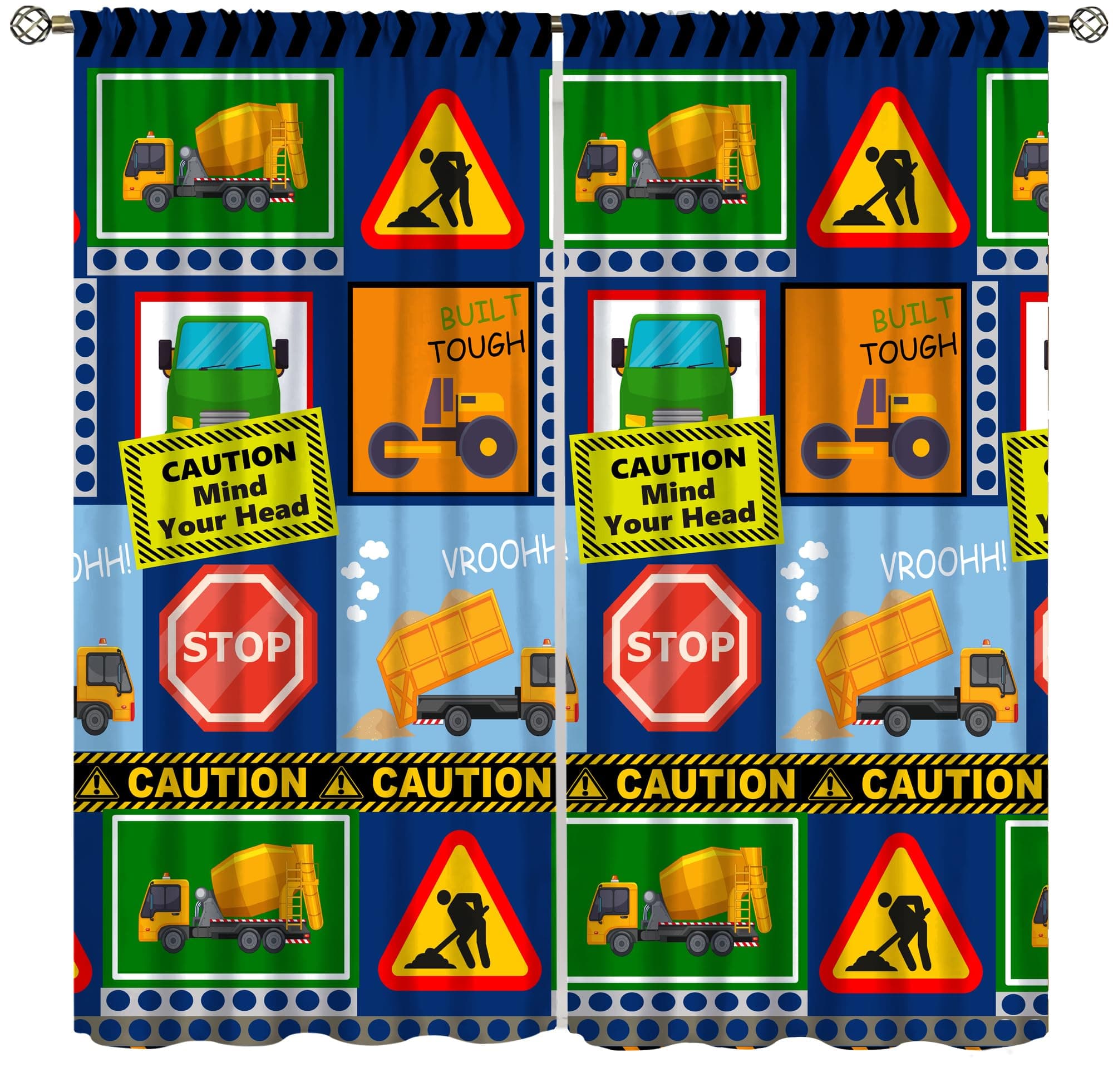 wlsgdsg Kids Construction Blackout Curtain,Equipment Trucks Cartoon Car Vehicles Green Plaid Window Curtains Dining Room Living Room Kitchen Cafe Bedroom Office Nursery Drapes,63x72 in