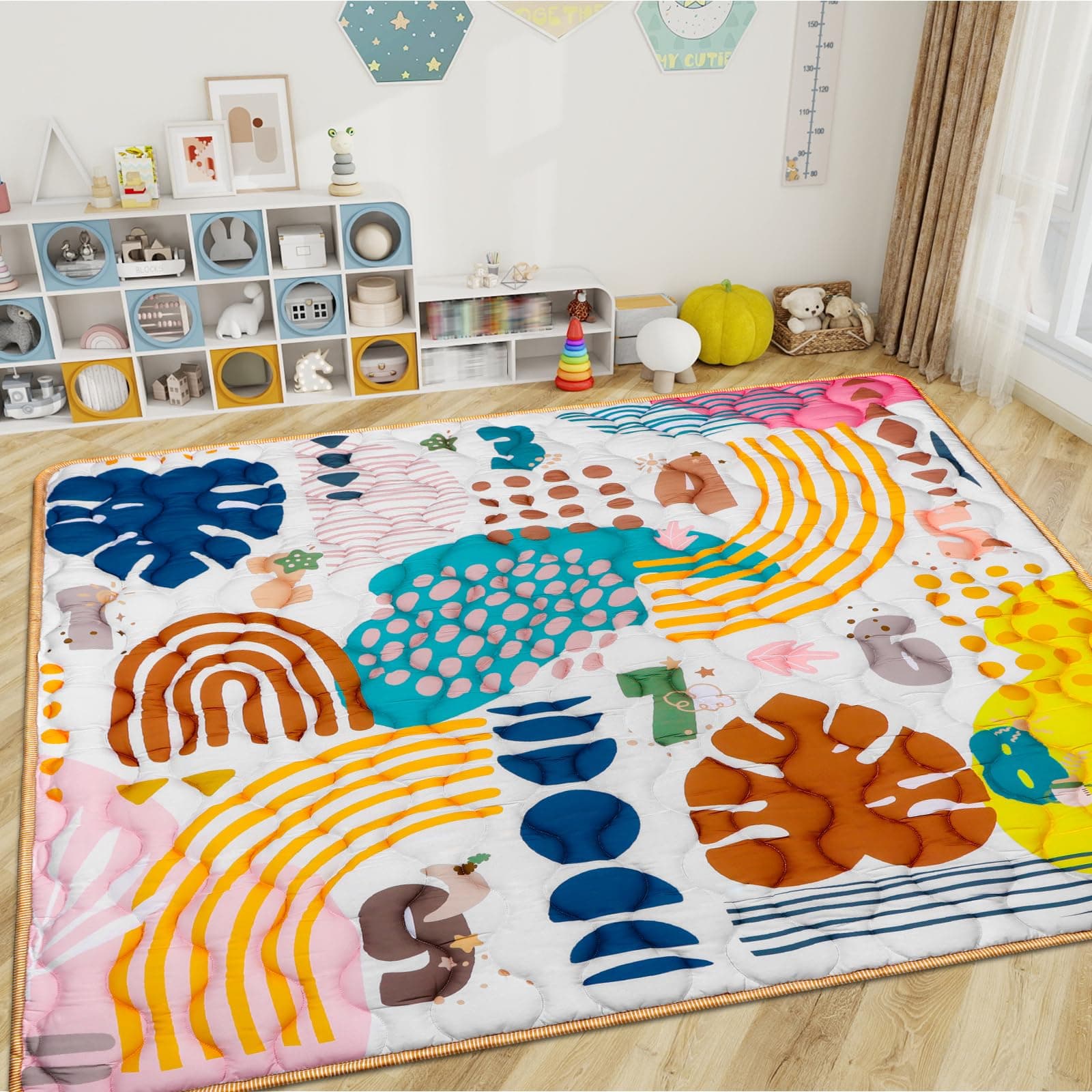 Mfmiudole Bohemian Baby Play Mat 180×150 CM Square Numbers 1-9 & Leaf Patterns Playpen Mat Non-Toxic Foam Floor Mat Nursery Rug for Infant Tummy Time Sensory Play Learning Activities Playpen