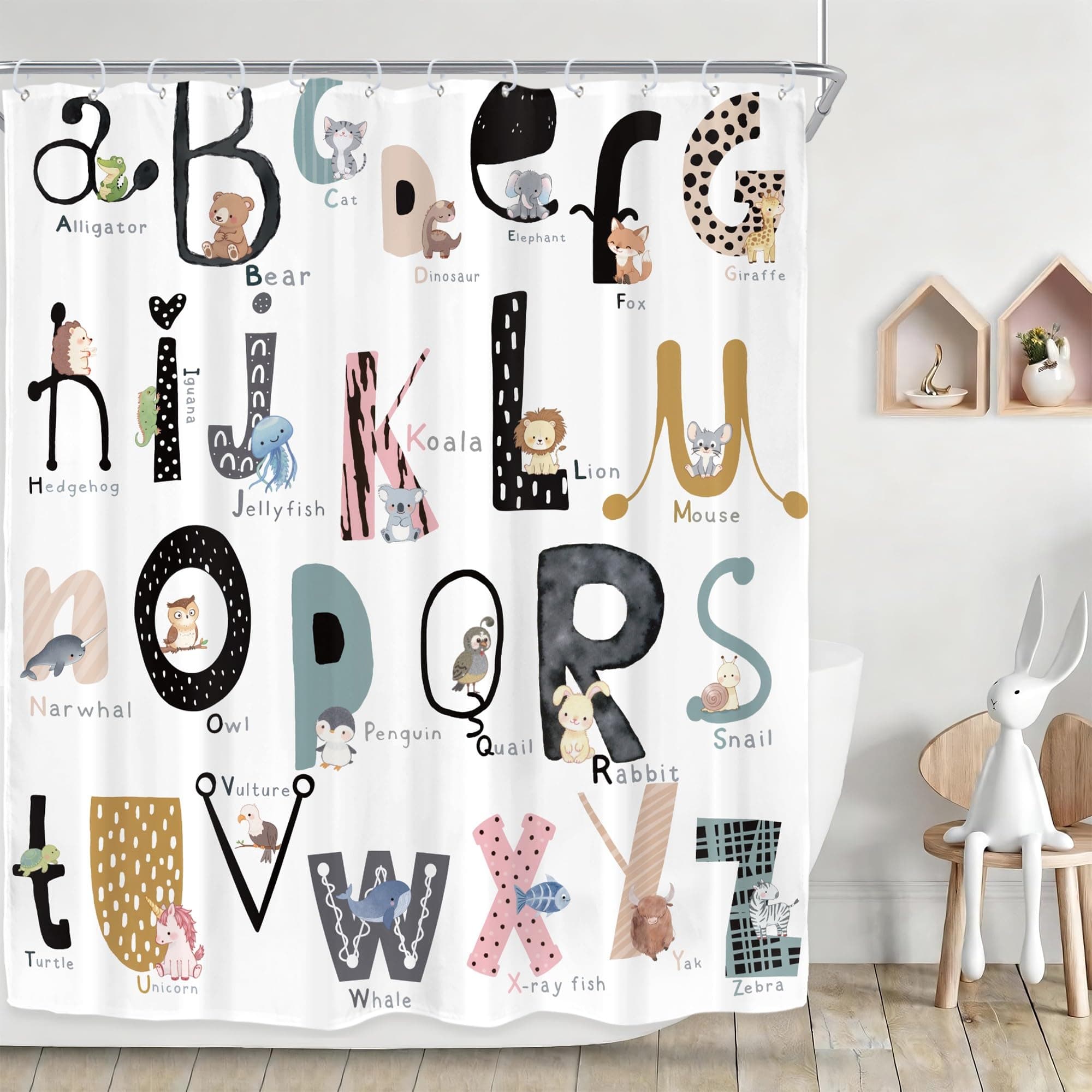 Riyidecor Kids ABC Learning Alphabet Shower Curtain for Bathroom Decor 60Wx72H Educational Study Boys Baby Children Funny Large A to Z Art Printed Fabric Polyester Waterproof 12 Pack Plastic Hooks