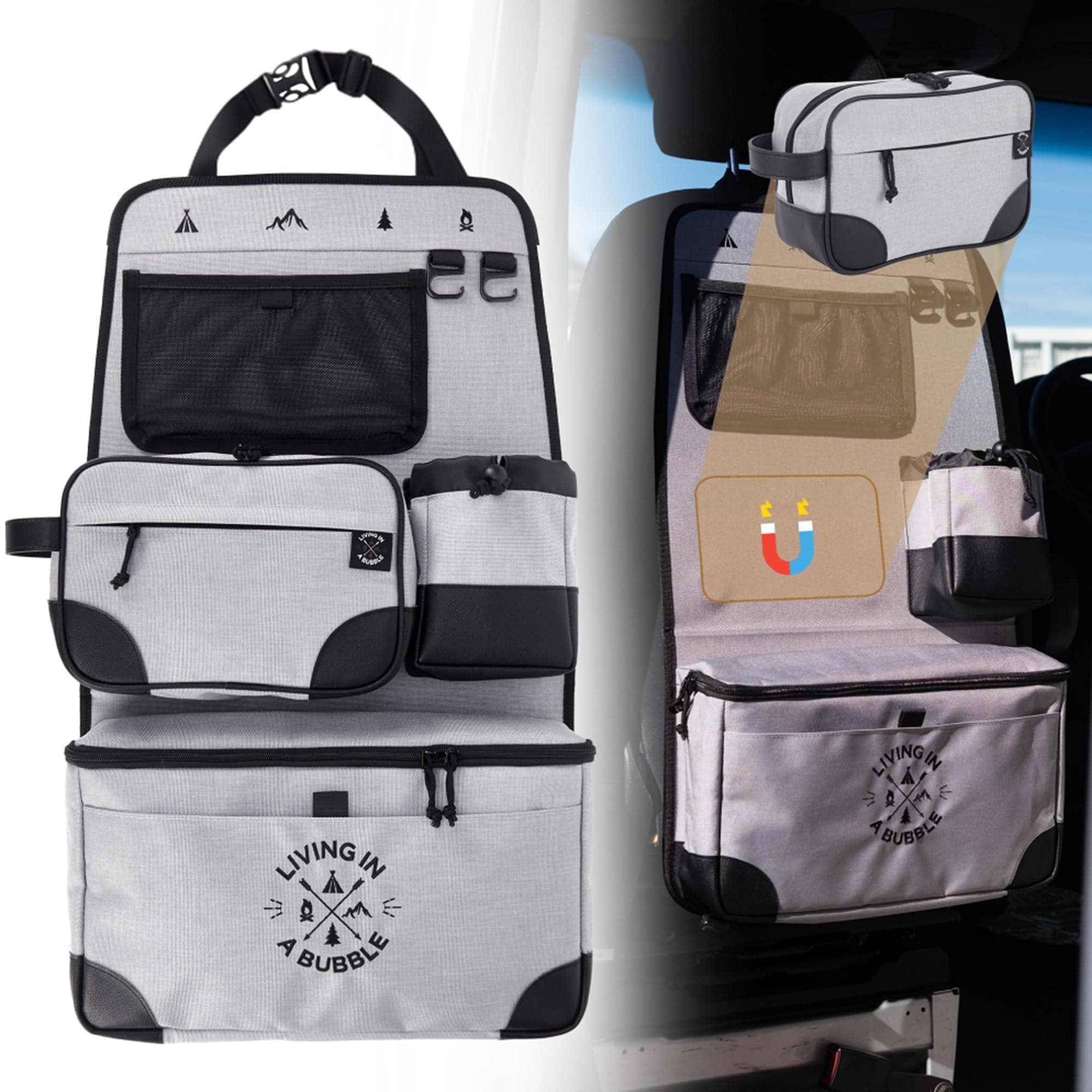 Living in a Bubble Seat back Organizer – Cordura Car Backseat Storage with Device Holder & Hooks, Multi-Compartment Utility Bag for Campervans & Family Travel (Gray)