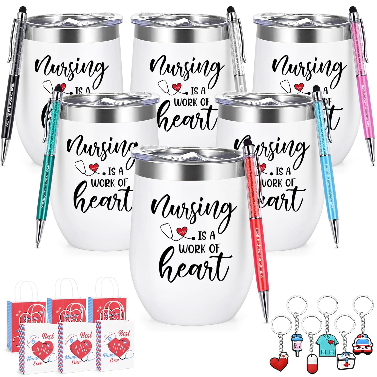 Lifecapido Nurse Gifts, 24 Pcs Nurse Week Gifts Bulk, Nursing is a Work of Heart Insulated Wine Tumbler Set of 6, Nurse Gifts Bulk with Key Chain Paper Bags, Appreciation Christmas Gifts for RN Nurse