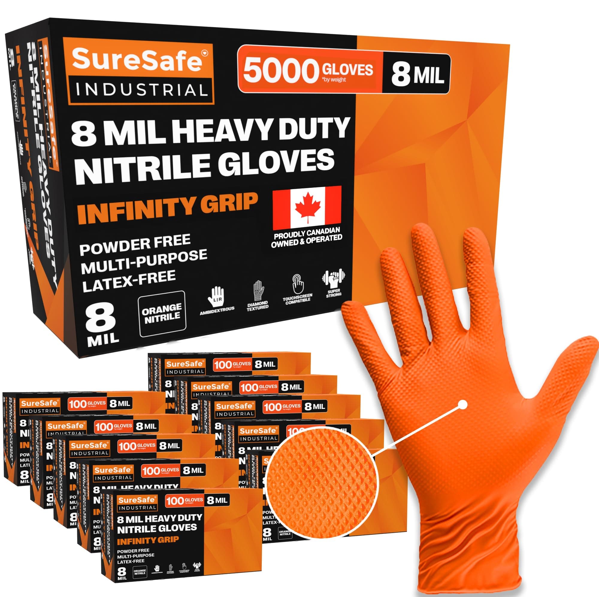 Orange Nitrile Gloves XL, 8 Mil Powder-Free Latex-Free, 5000 Count