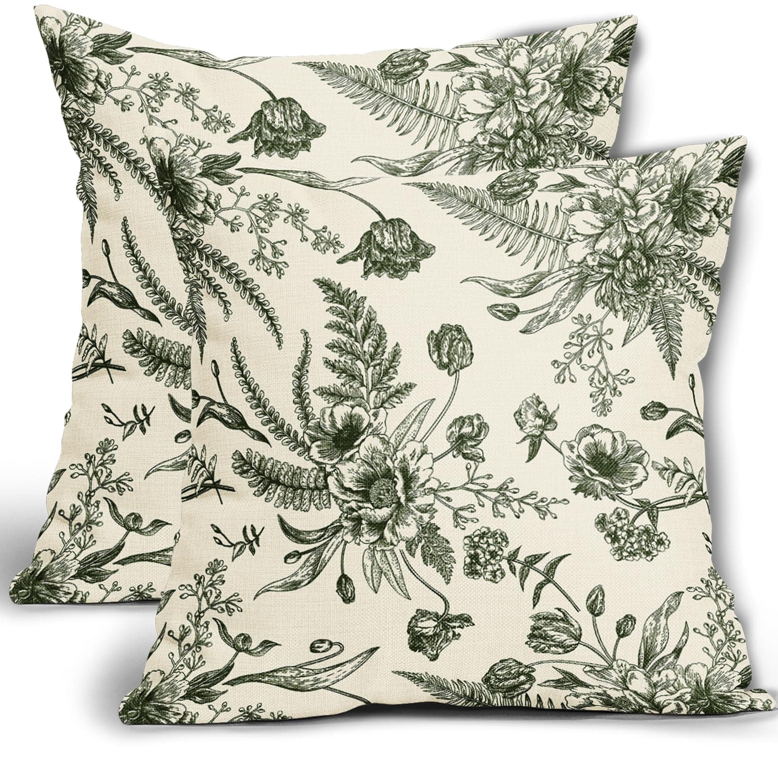 Sweetshow Dark Green Cream Flowers Pillow Covers 16x16 Inch 2 Packs Morden Floral Throw Pillows Vintage Spring Flowers Decorative Cushion Cover for Patio Furniture Sofa Bedroom Indoor/Outdoor Party