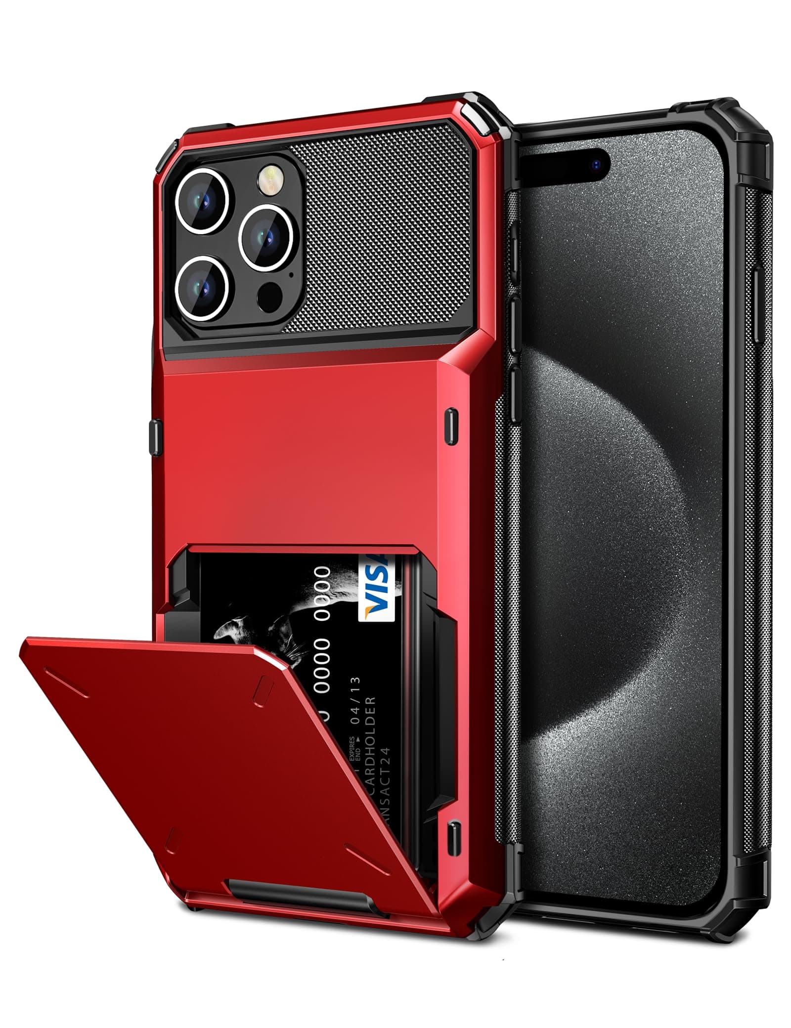 Vofolen for iPhone 15 Pro Case with Card Holder, 4-Card Dual Layer Heavy Duty Shockproof Wallet Case, Hidden Flip Card Slot Protective Hard Back Cover for iPhone 15 Pro, 6.1'' Red