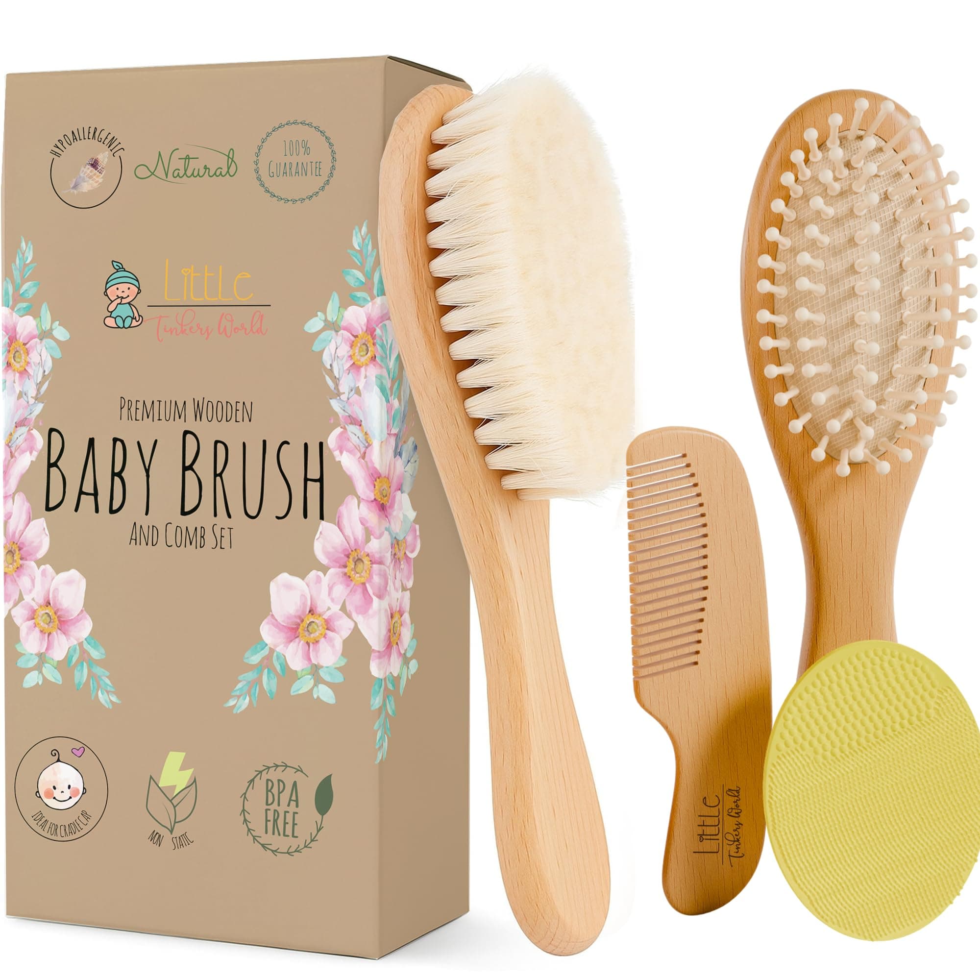 Wooden Baby Hair Brush and Comb Set (4-Piece) for Newborns and Toddlers | Ideal for Baby Cradle Cap | Wood Bristles Baby Brush | Baby Massage and Scalp Brush | Perfect for Baby Registry Gift Set