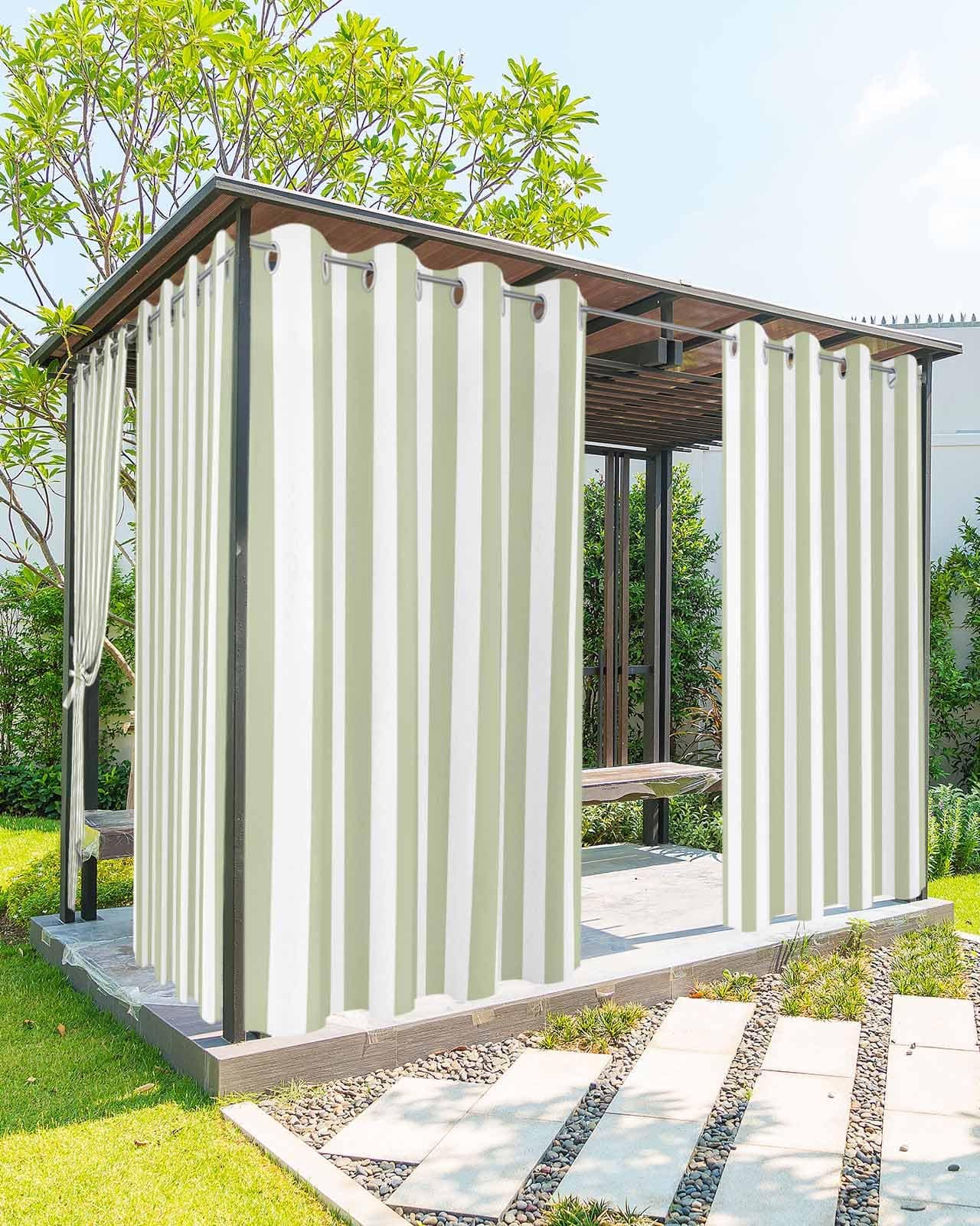 Striped Outdoor Curtains for Patio Waterproof Weatherproof,Sage Green and White Outdoor Curtains, Sun Blocking Privacy Grommet Outside Curtains Stripe Drapes for Gazebo Porch Pergola,1 Panel,54W x 84L