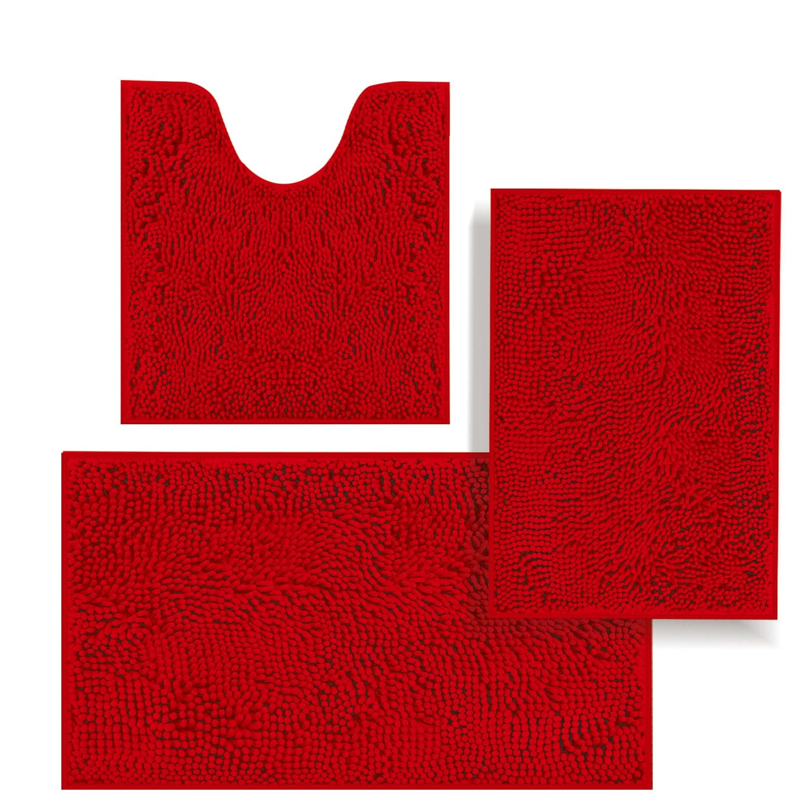 Bathroom Rugs Sets 3 Piece,Bath Mats for Bathroom Non Slip, Thick Chenille Bath Rug,Soft and Absorbent Shaggy Bathroom Mat Set, Machine Wash & Quick Dry Durable Carpet for Bath,Kitchen,Red