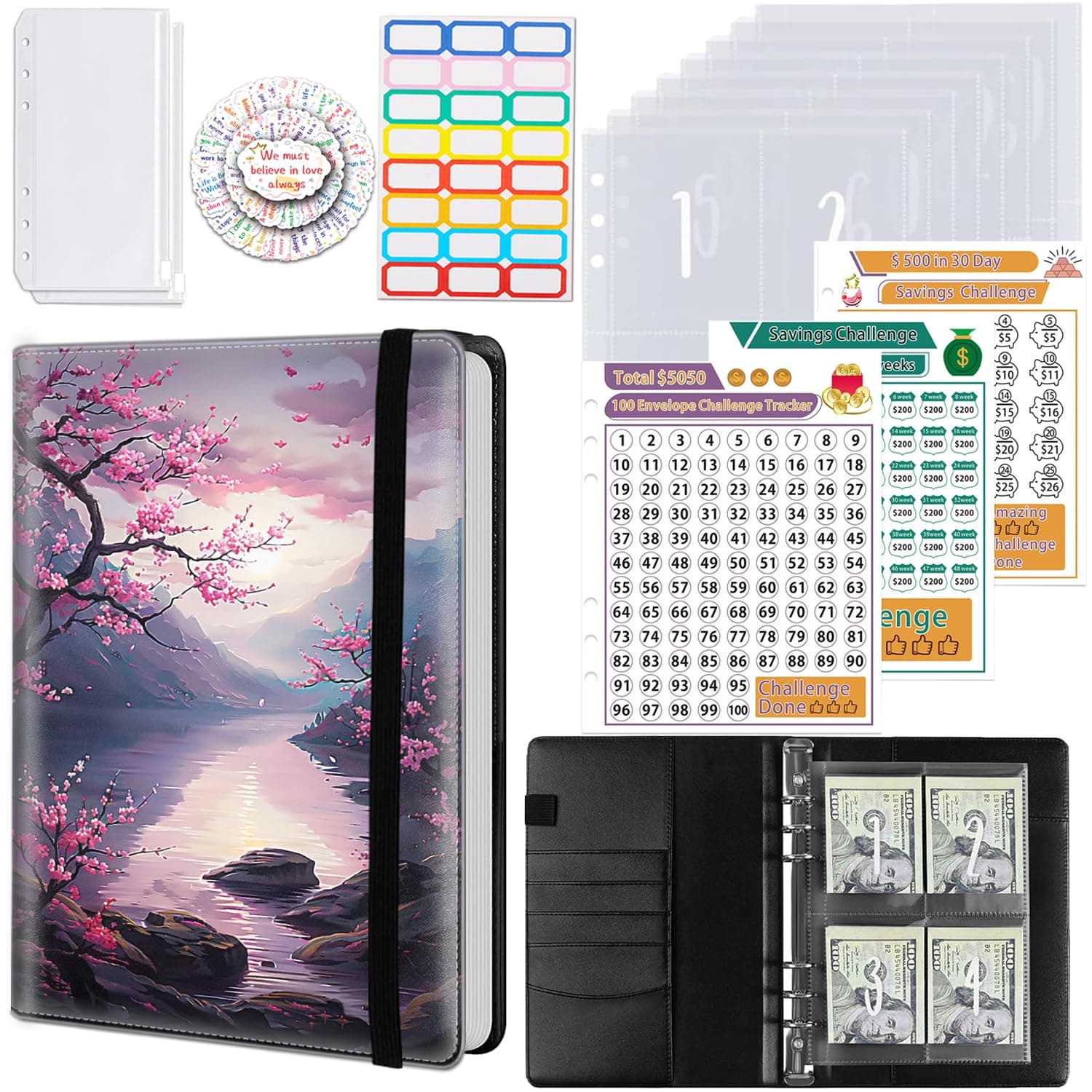 100 Envelopes Money Saving Challenge, A5 Budget Binder with Cash Envelopes & 3 Budgeting Planner Trackers to Save $5,050 Money ，Savings Challenge Book for Organizer, Cherry Blossoms Oil Paint