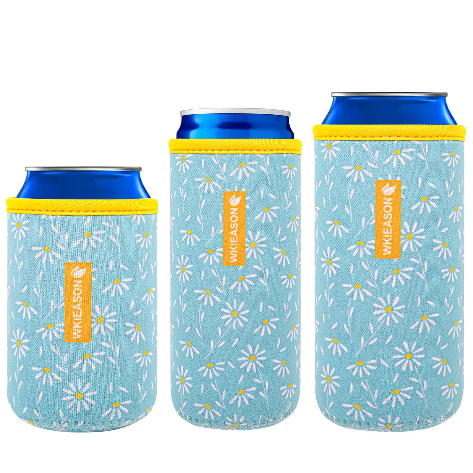 WK IEASON Neoprene Can Sleeves Insulators Beer Coozies 3 Size - 12OZ Standard/Slim/16OZ Standard Can/Beer Bottle Coolers (Small Daisy Blue)