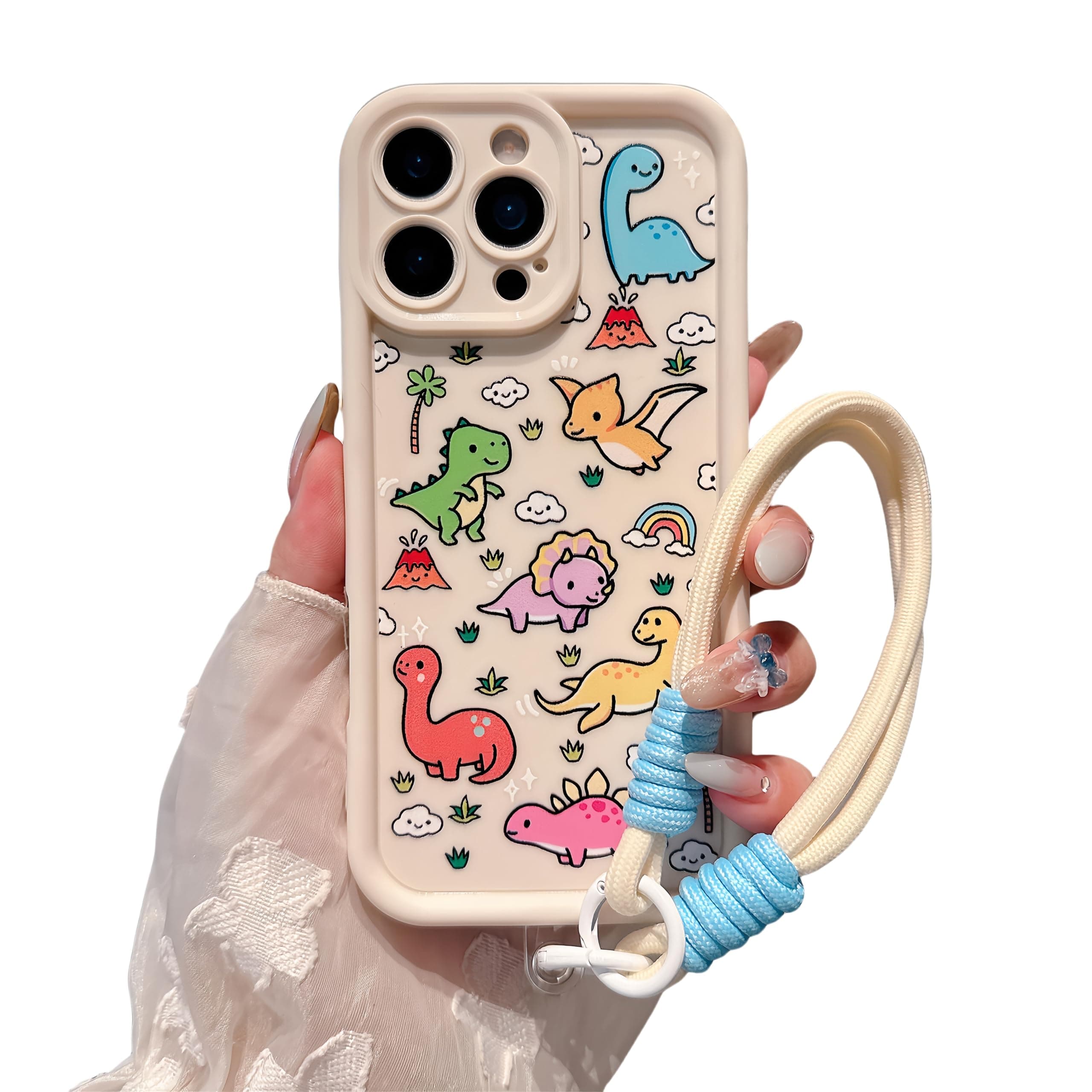FXFOOT Cartoon Cute Dinosaurs Phone Case Compatible for iPhone 15 Plus Case, with Adjustable Anti-Drop Wrist Strap - Full-Body Shockproof Protection, Raised Camera & Edge Guards
