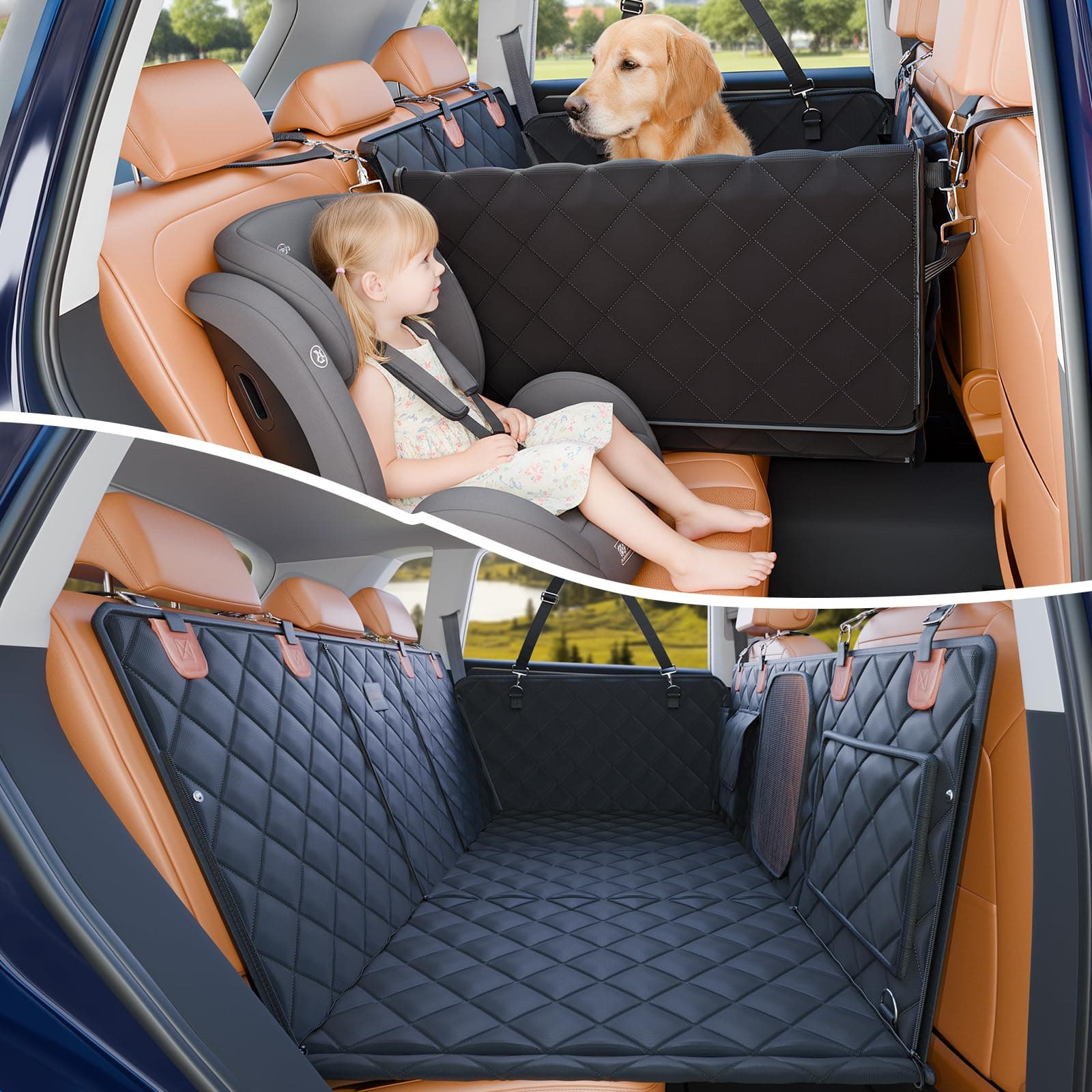 Convertible Back Seat Extender for Dogs, 400lbs Hard Bottom Dog Car Seat Cover for Back Seat, Waterproof Dog Hammock Bed Backseat Cover for Dogs in Car SUV Truck Nonslip Pet Seat Cover Black L